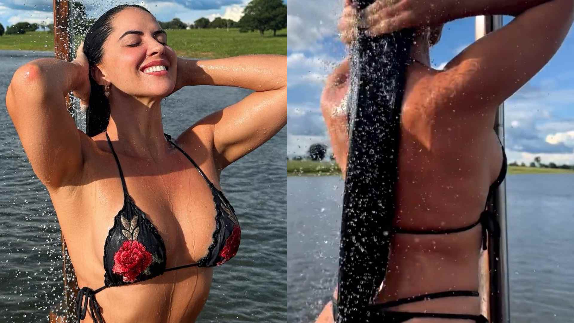 De biquíni fio-dental, Graciele Lacerda exibe bumbum perfeito ao tomar banho de chuveiro: “Perfeita”