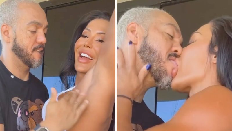 Belo e Gracyanne Barbosa mostram intimidade ao compartilhar beijão e mão boba