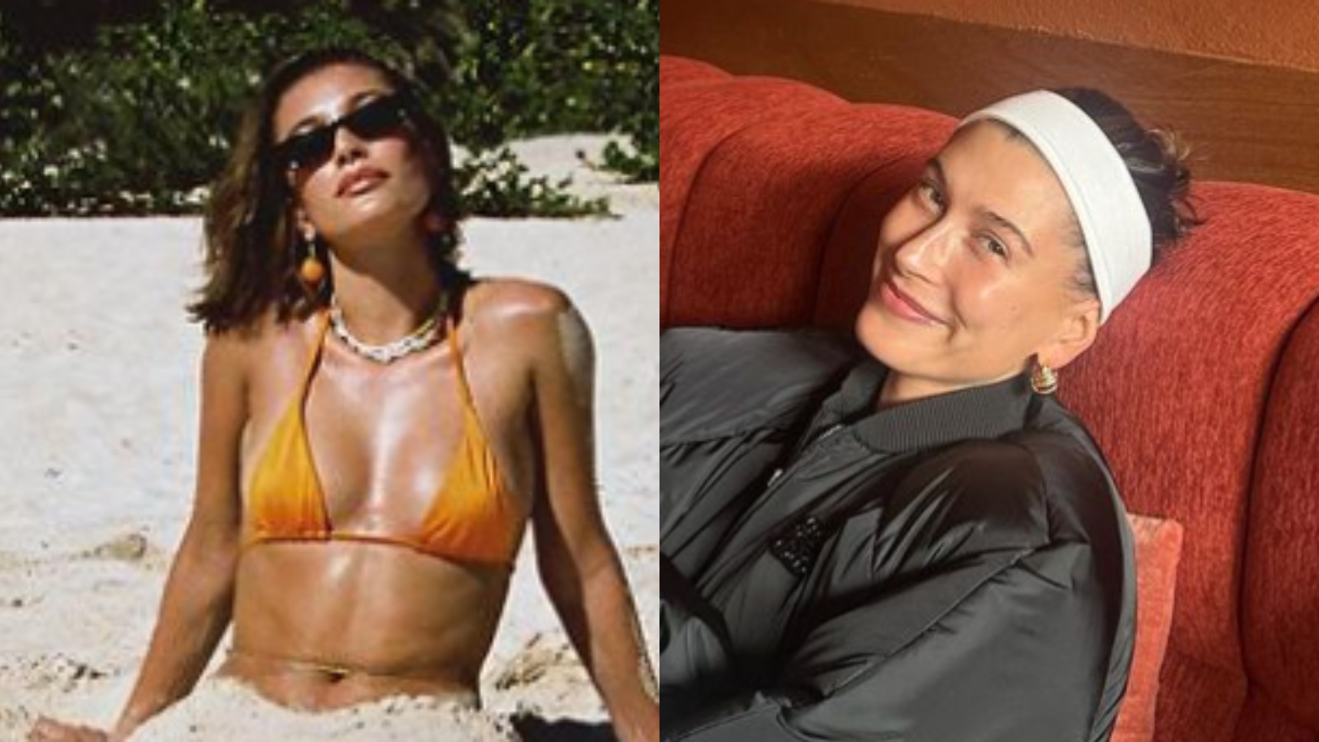De biquíni, Hailey Baldwin Bieber curte dia de praia com direito a cauda de sereia na areia