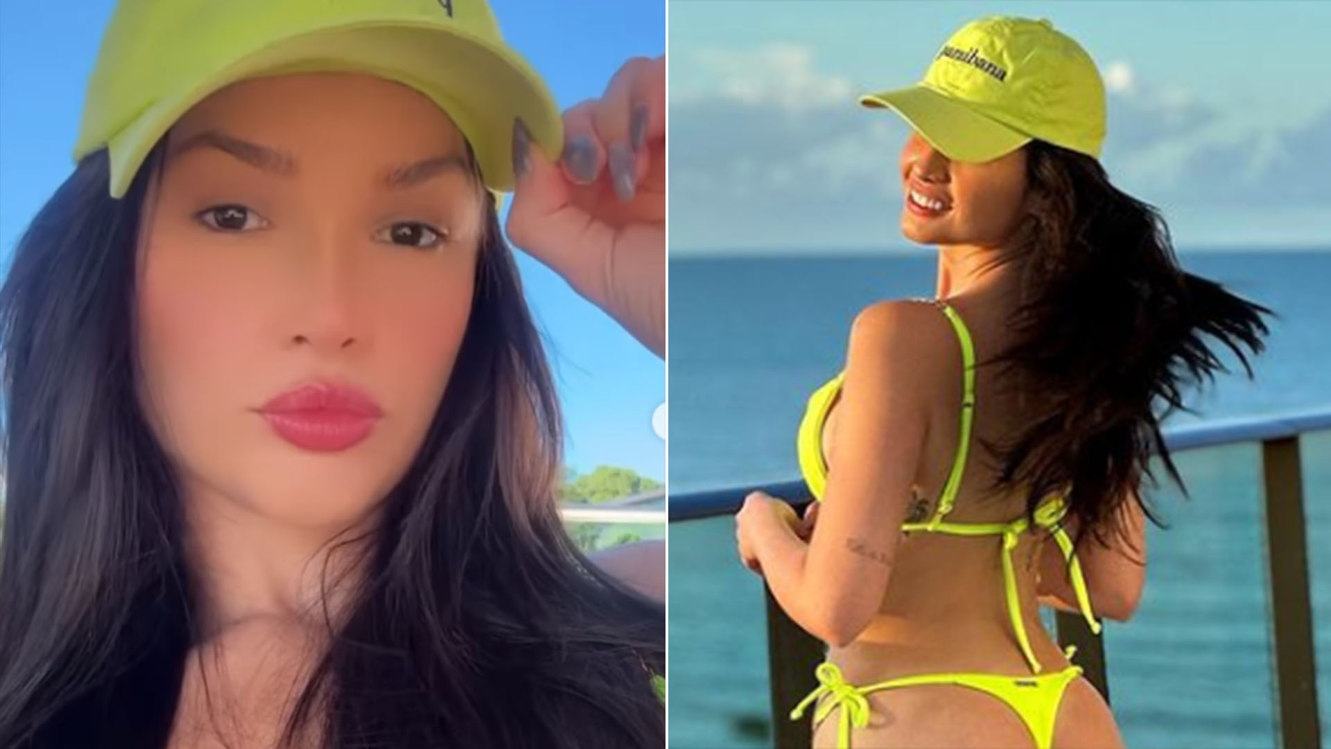 De biquíni neon, Juliette arrasa em fotos de frente e verso