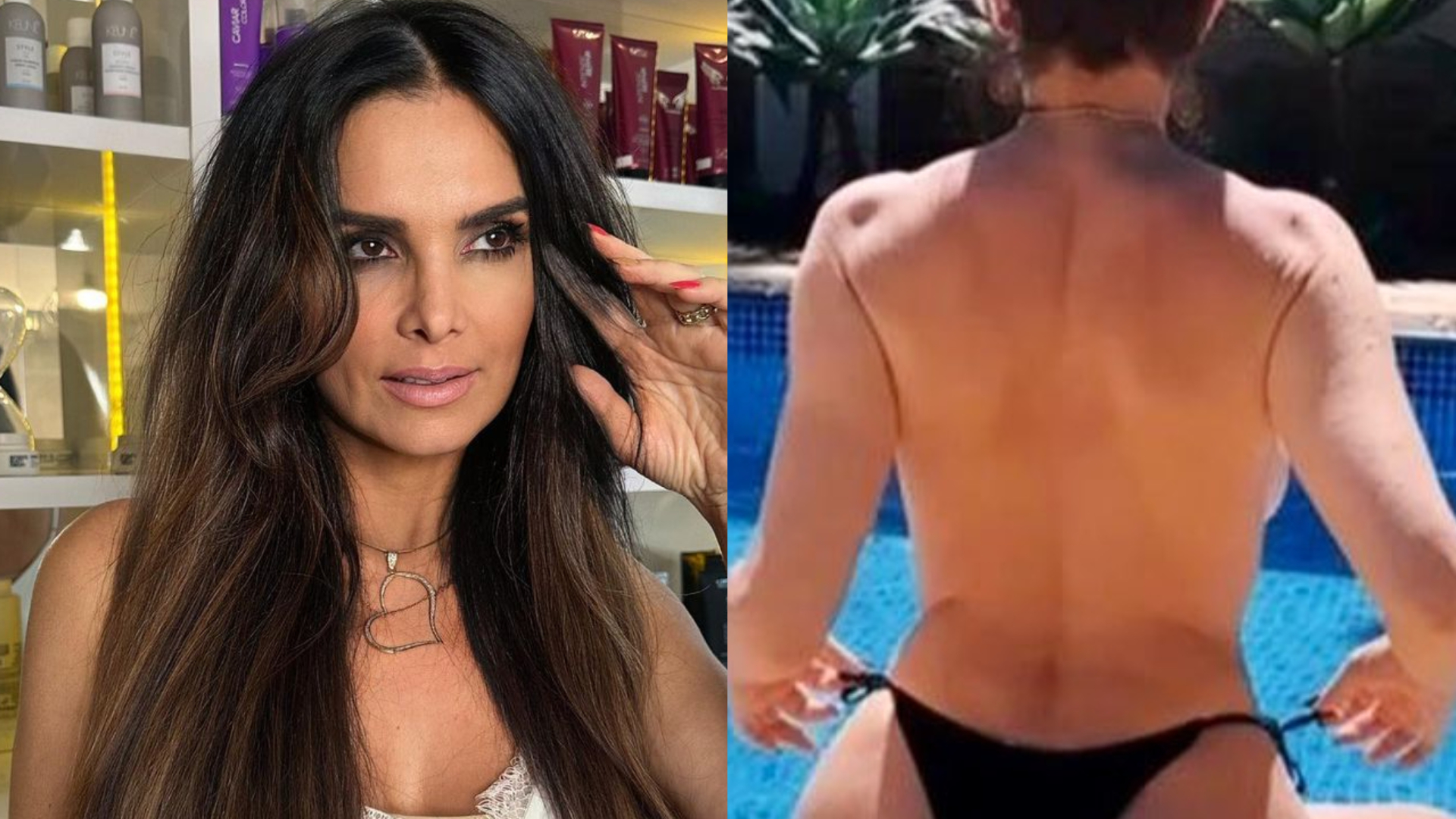 Fazendo topless, Luiza Ambiel posa de costas na piscina: ”Maravilhosa”