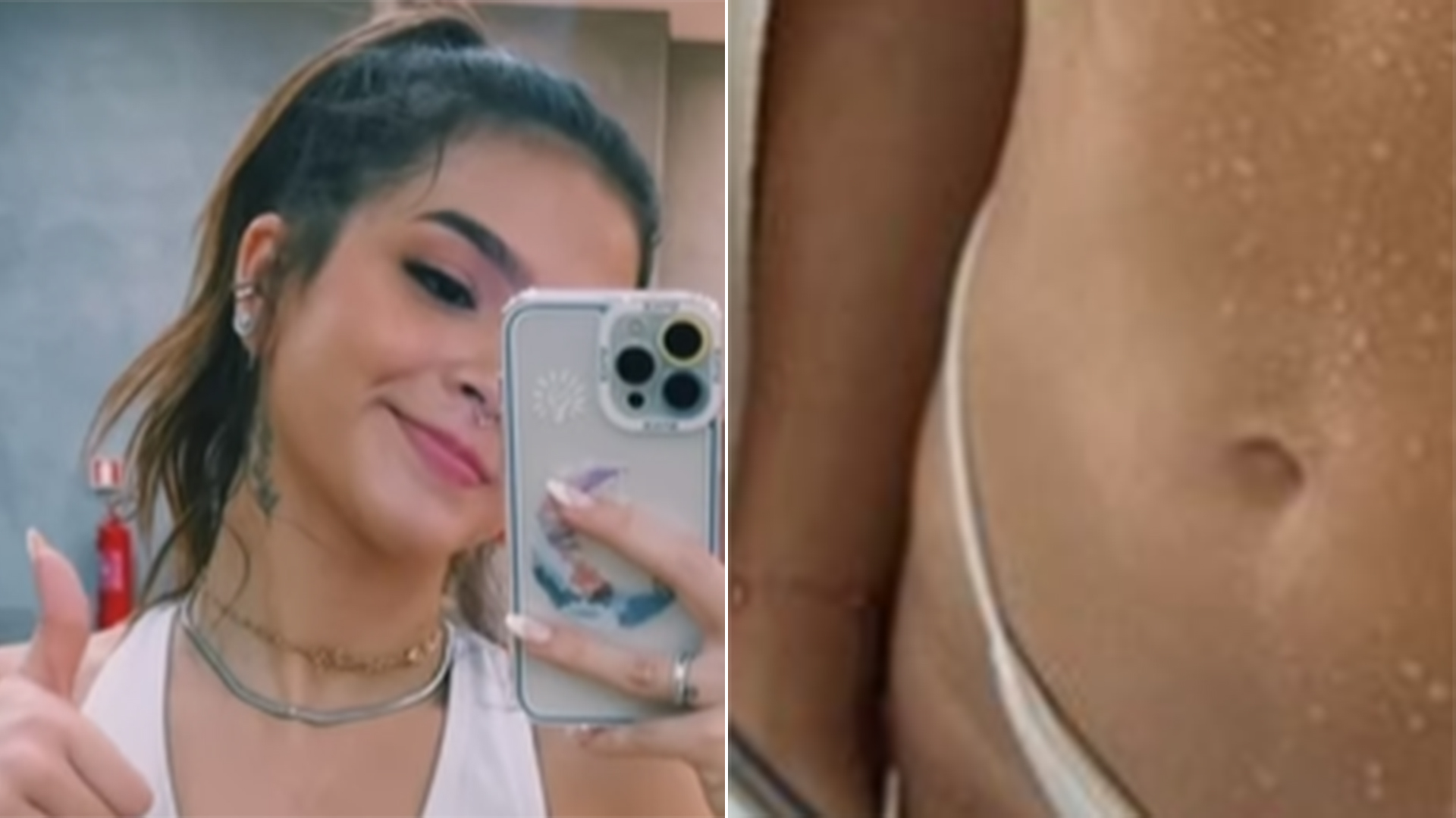 De biquíni branco, Mel Maia dá zoom na barriga molhada