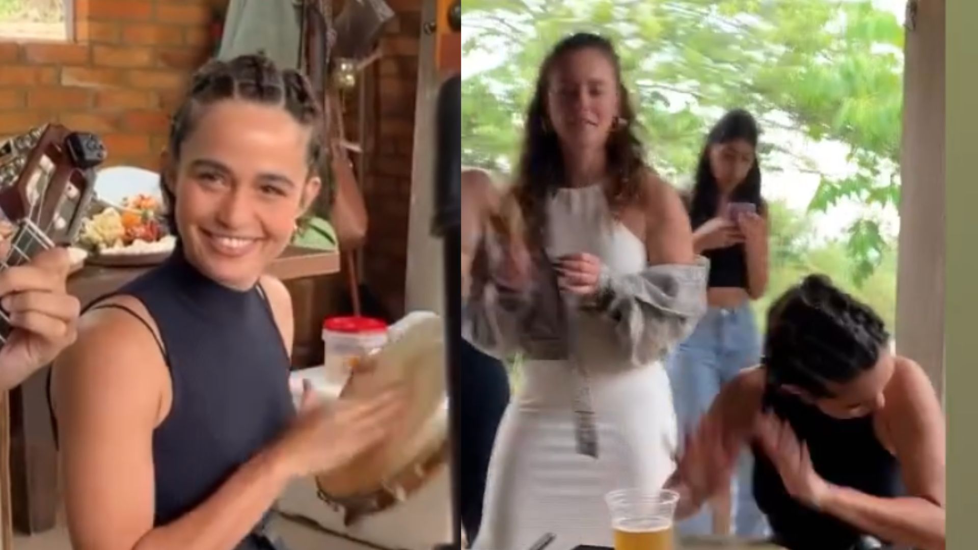 Nanda Costa dá show ao tocar percussão na companhia de Paolla Oliveira