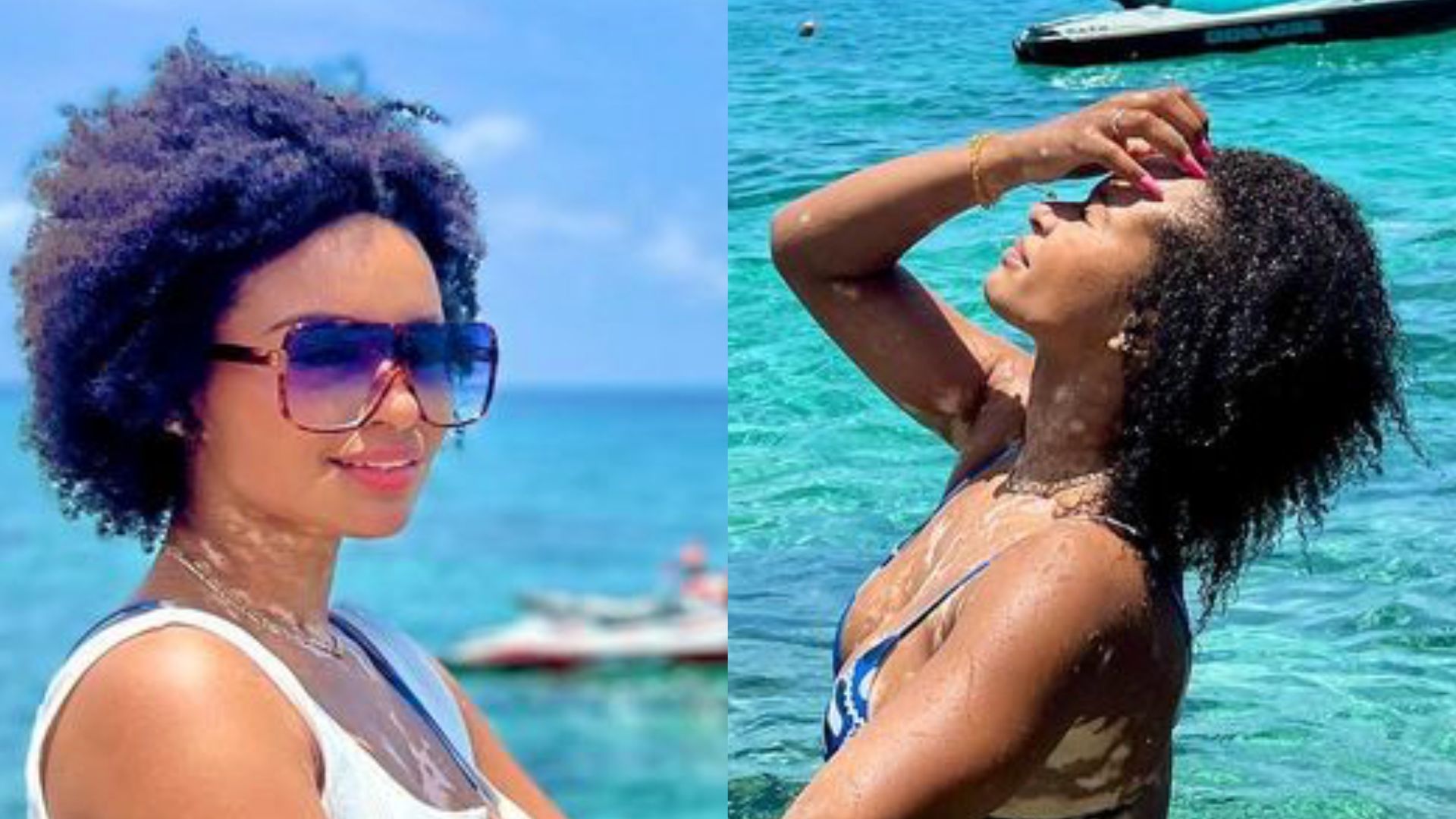 De biquíni fininho, Natália Deodato exibe boa forma em dia de sol no Caribe