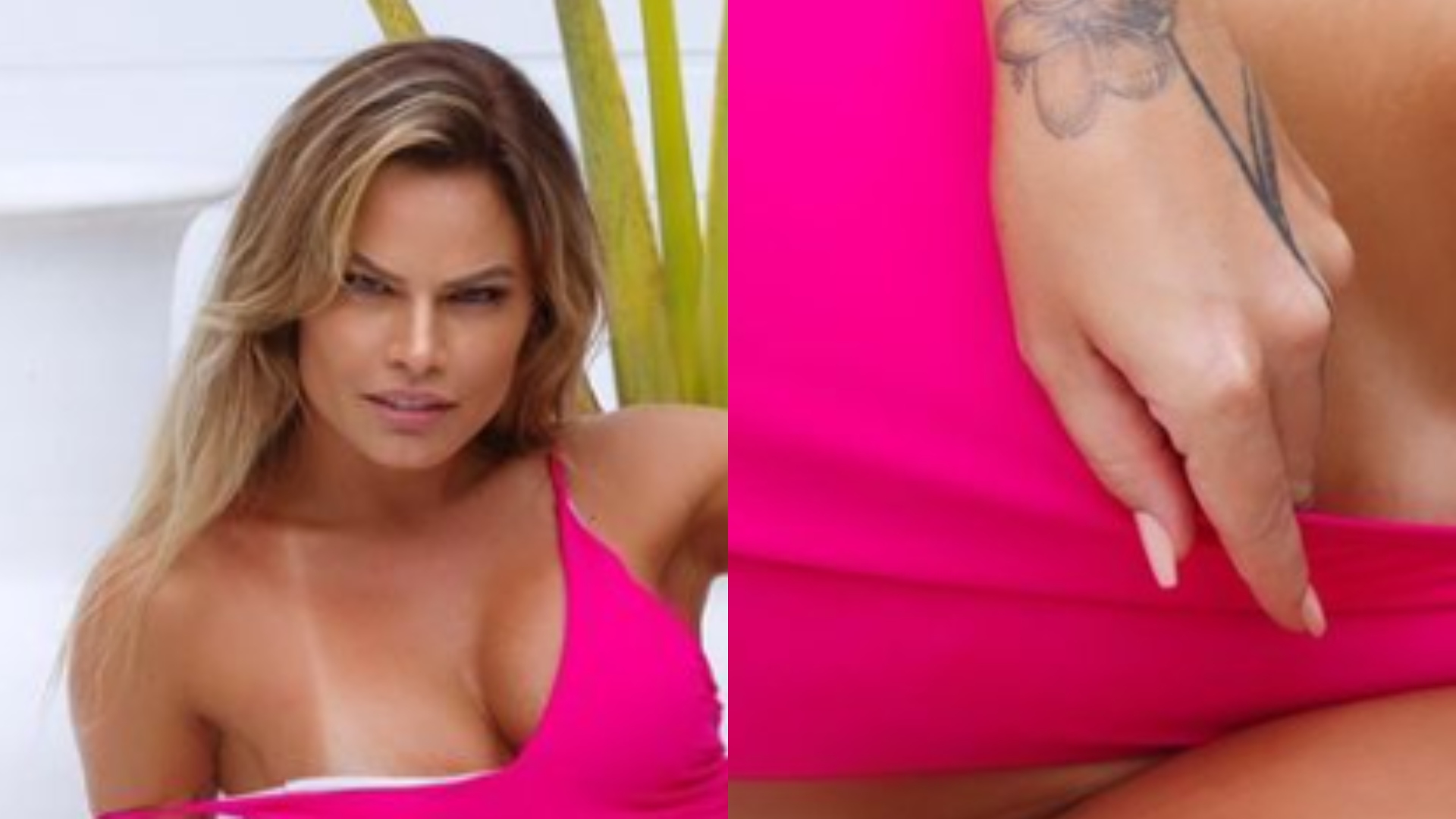 Ex-BBB Nati Casassola dá zoom em virilha em clique sensual com maiô rosa