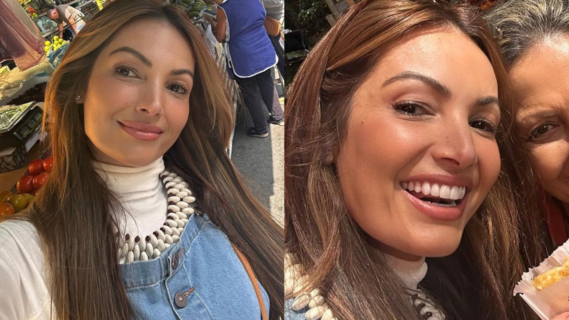 Cheia de estilo, Patrícia Poeta come pastel na feira com a mãe e a irmã: ”Adoro”