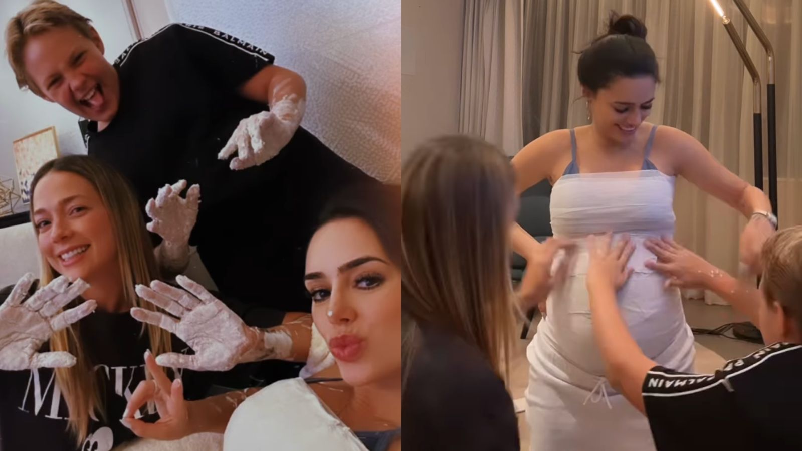Bruna Biancardi faz escultura do barrigão de grávida com Carol Dantas e Davi Lucca