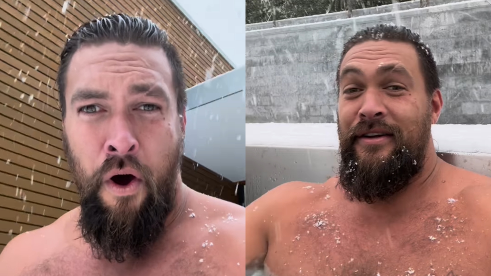 Jason Momoa celebra aniversário dando mergulho em temperatura negativa e enfrentando neve