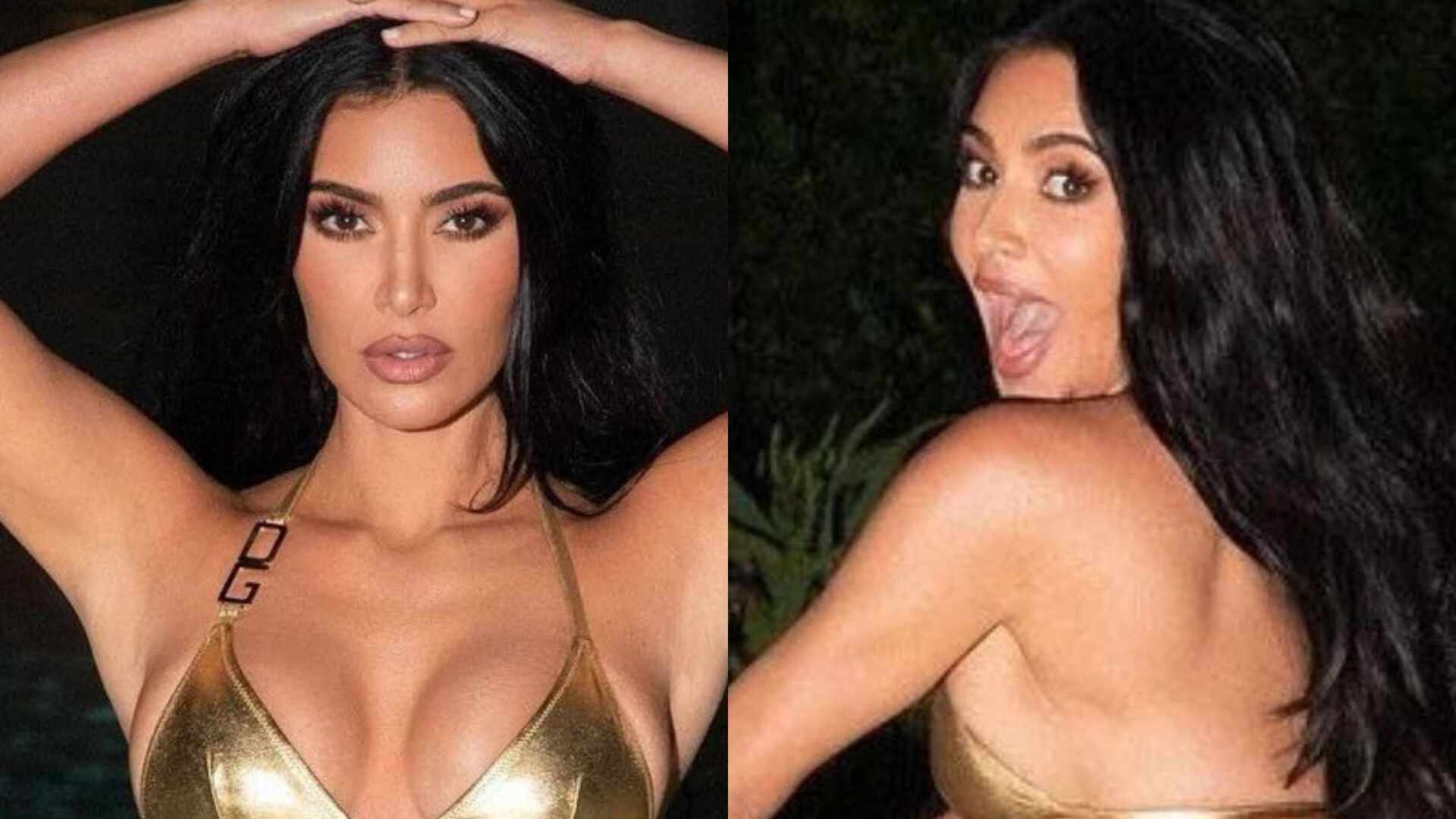 Kim Kardashian choca ao aparecer com look mínimo dourado