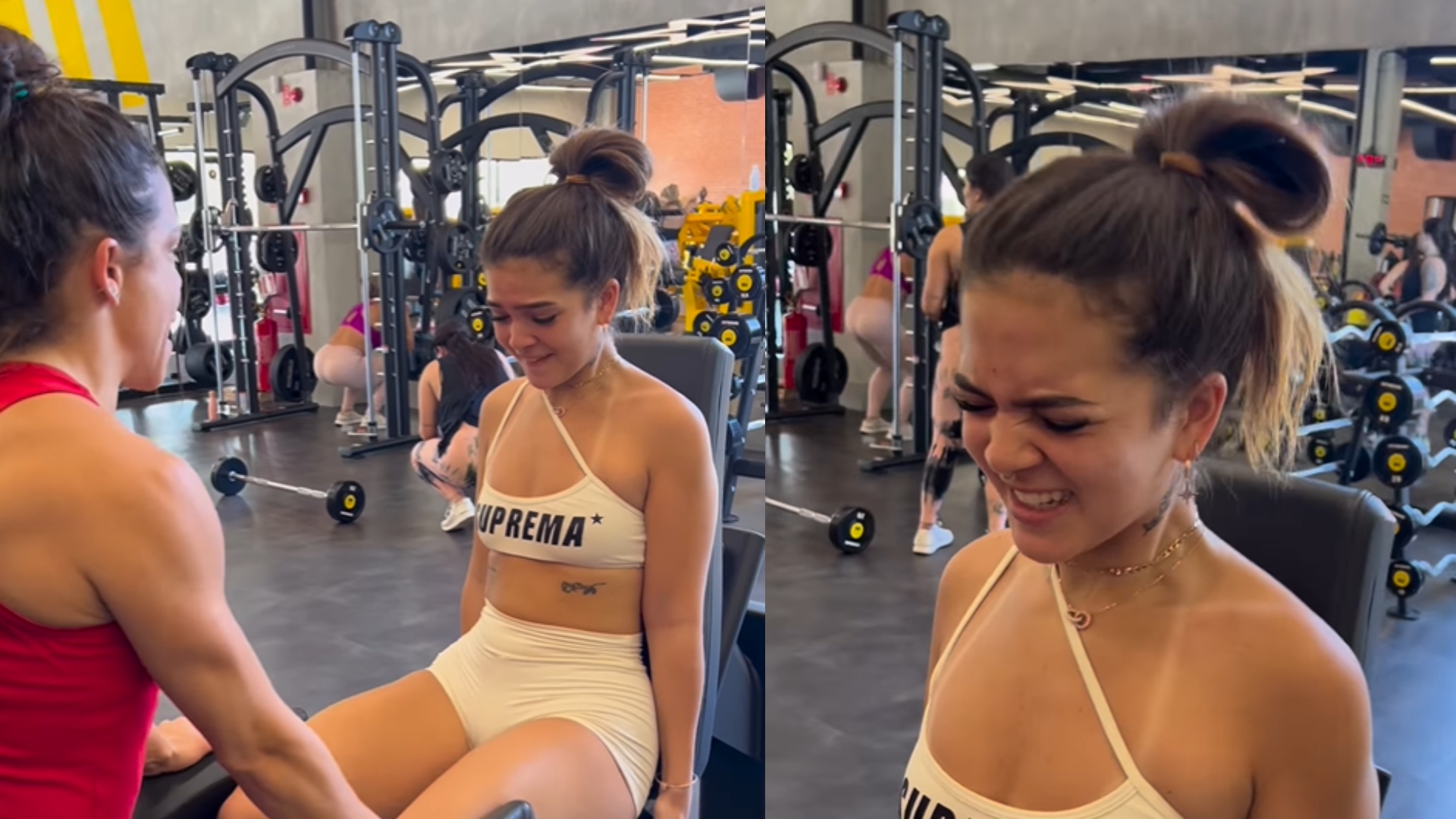 Mel Maia sofre durante treino pesado na academia com personal trainer