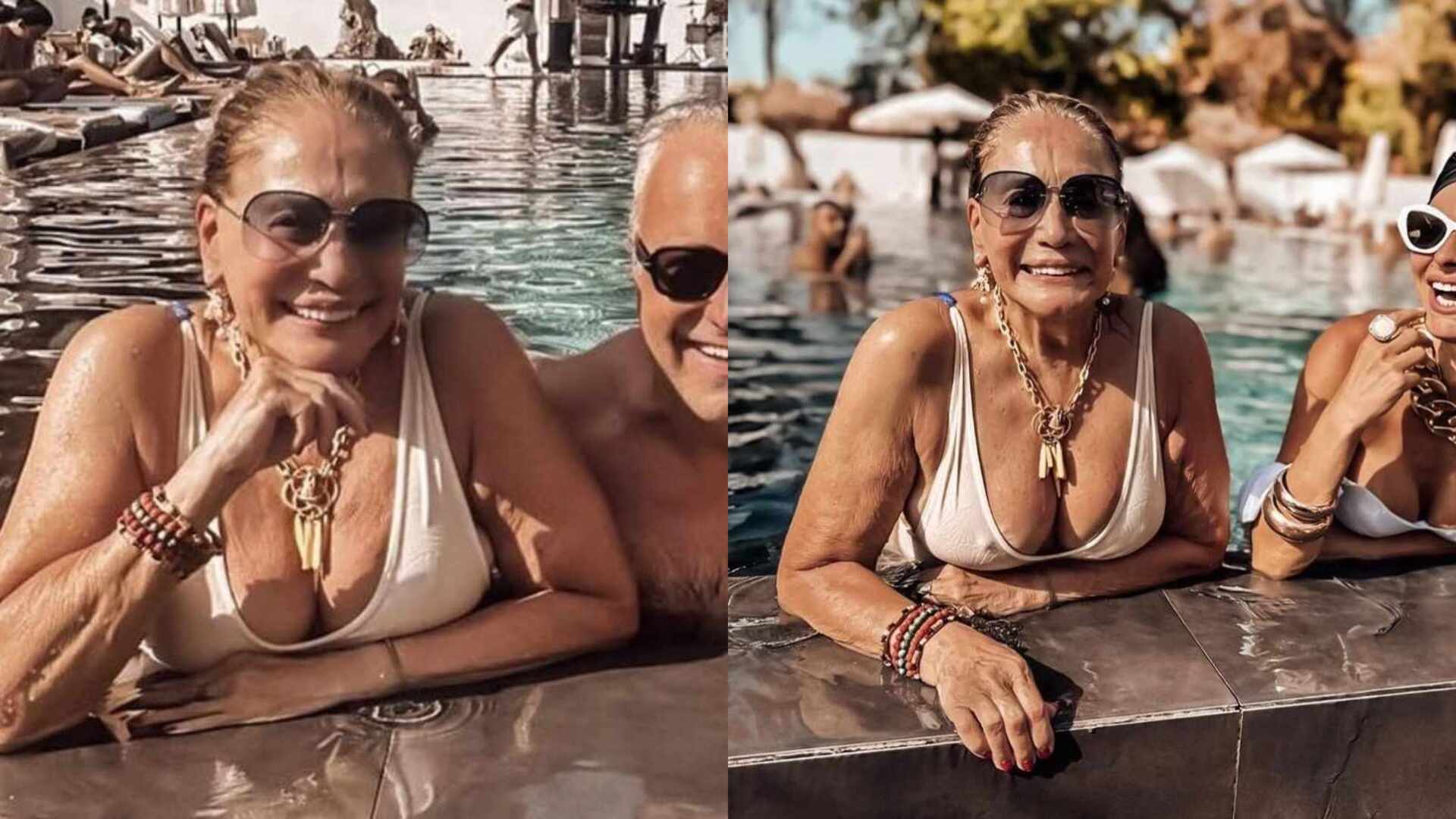 Com a nora e o filho, Susana Vieira curte piscina em grande estilo: ”Dias inesquecíveis”