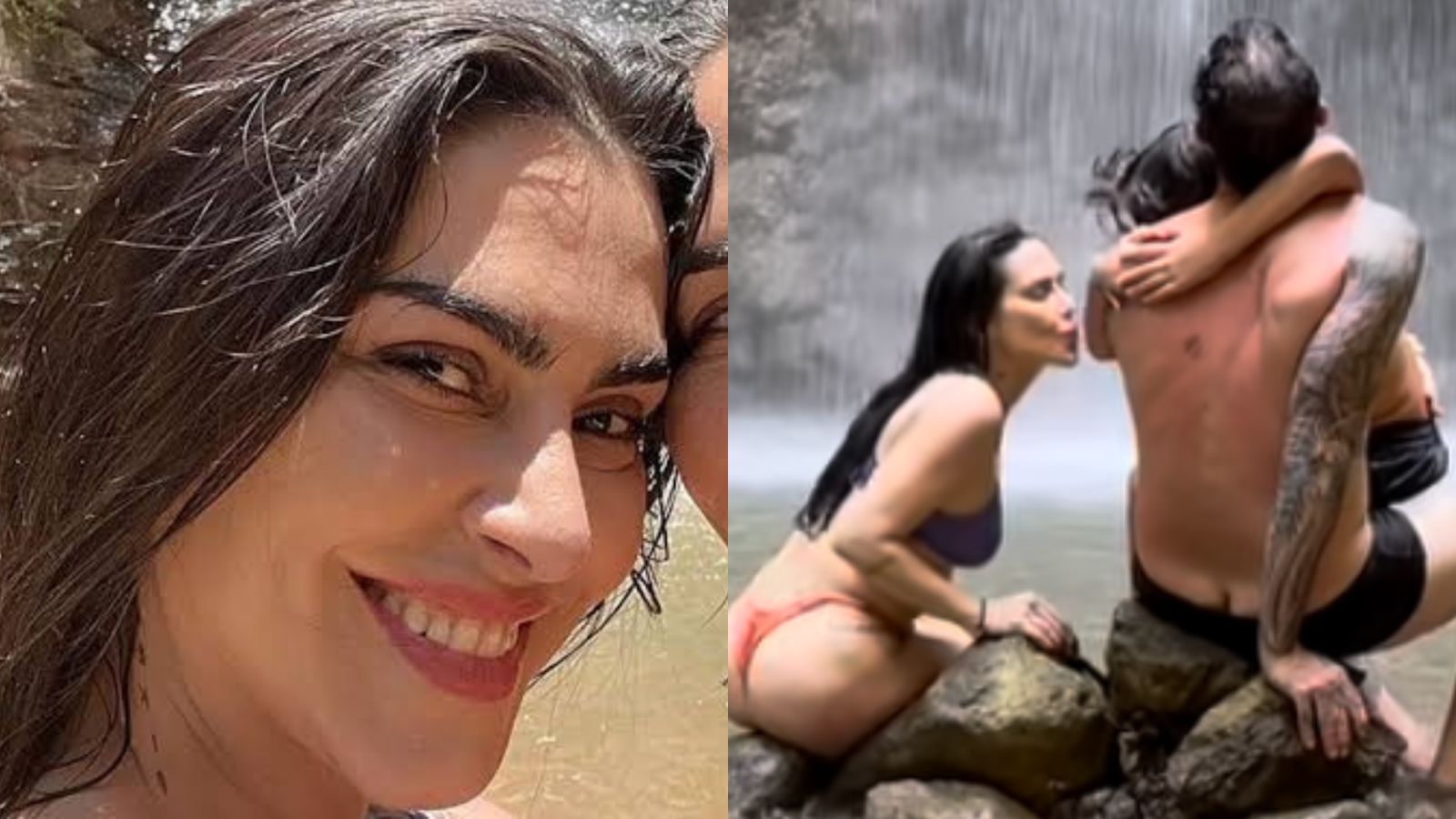 Cleo curte banho de cachoeira ao lado do marido e enteado: ‘Minha família’
