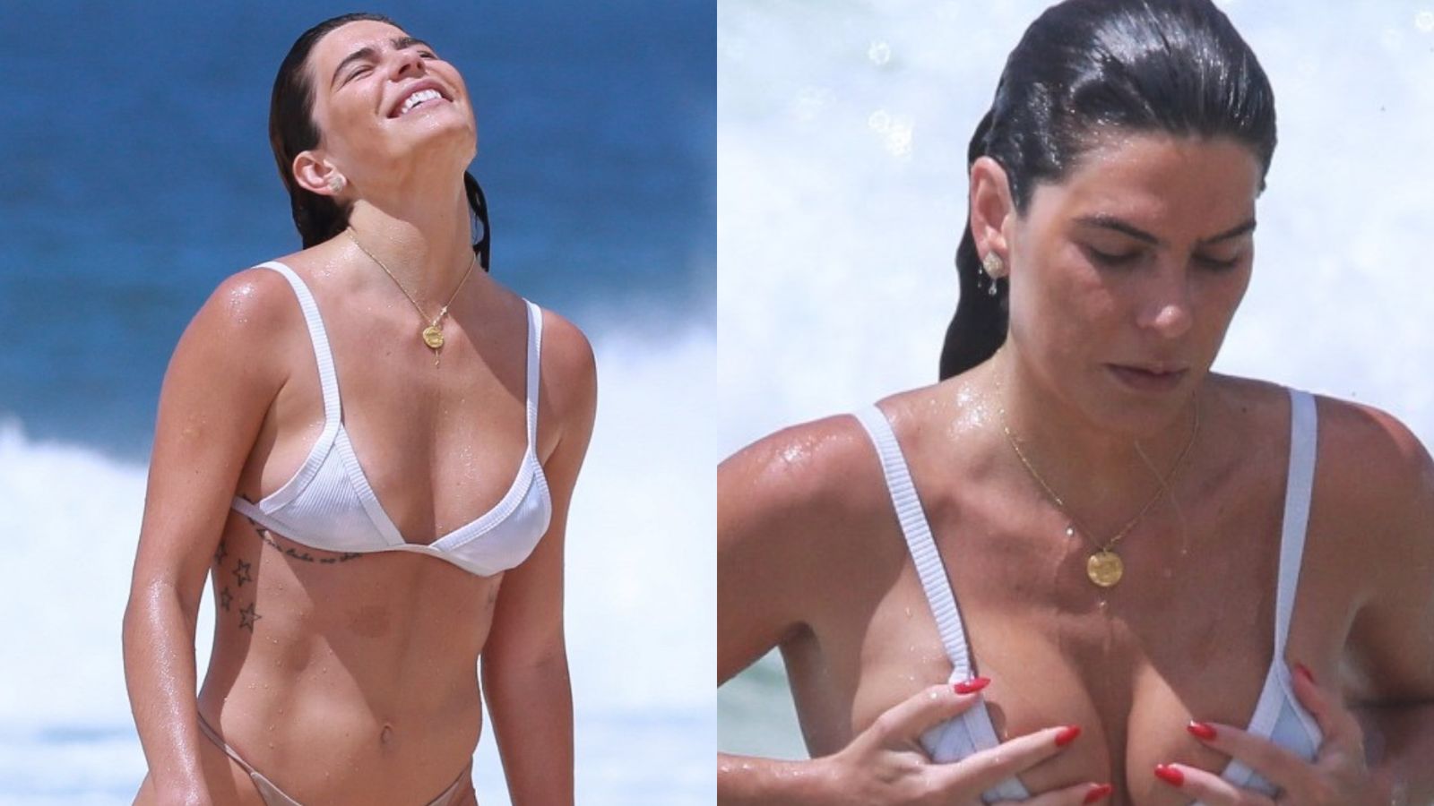Mariana Goldfarb esbanja beleza natural ao se refrescar em banho de mar
