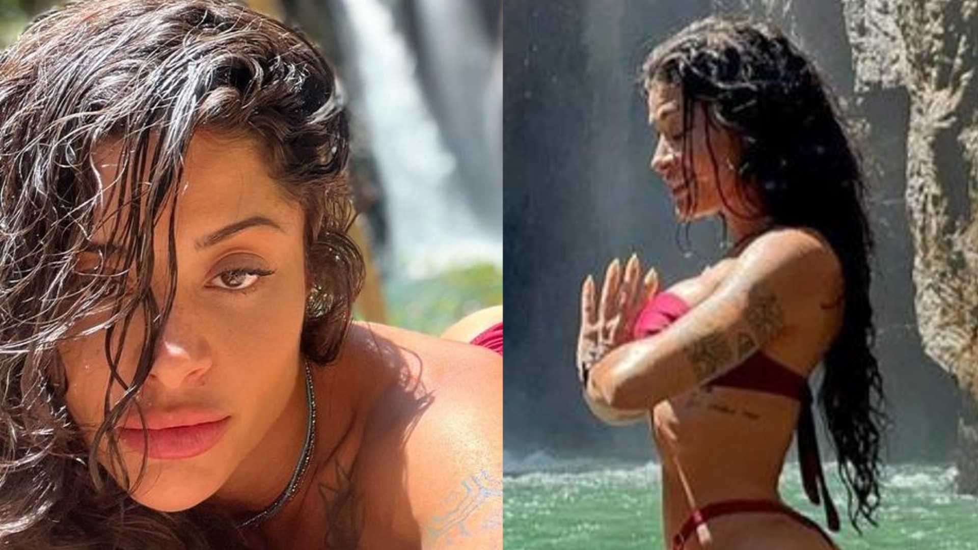 De biquíni, Aline Campos exibe o bumbum empinado em cachoeira