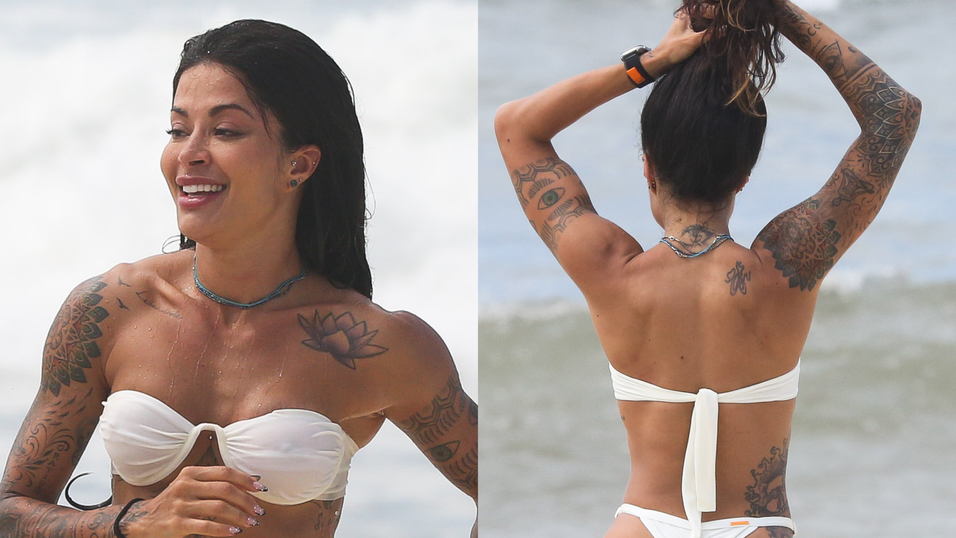 Com o abdômen trincado, Aline Campos surge em praia de biquíni branco