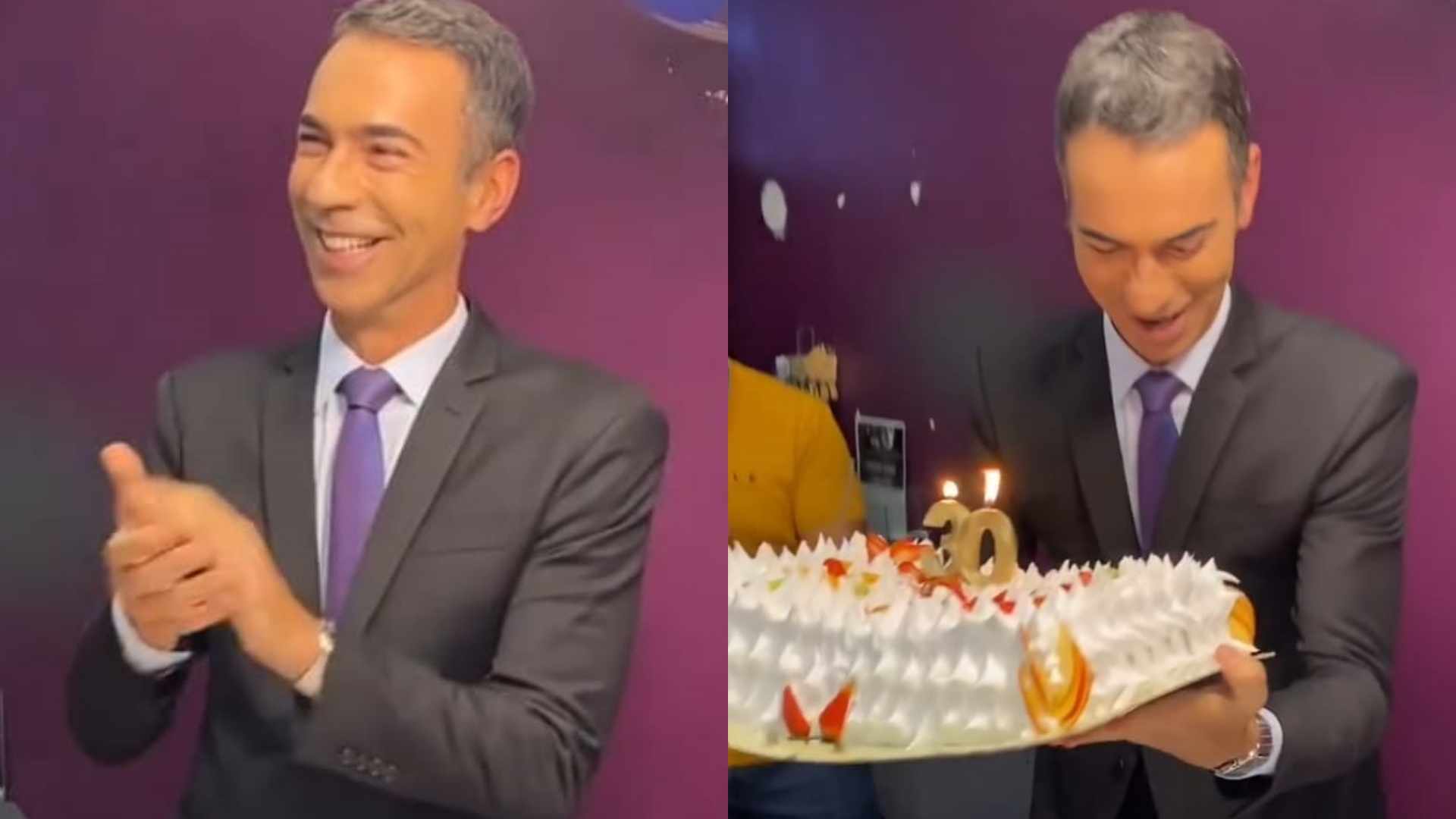 Cesar Tralli ganha festa surpresa ao completar 30 anos de TV Globo: “Gratidão”