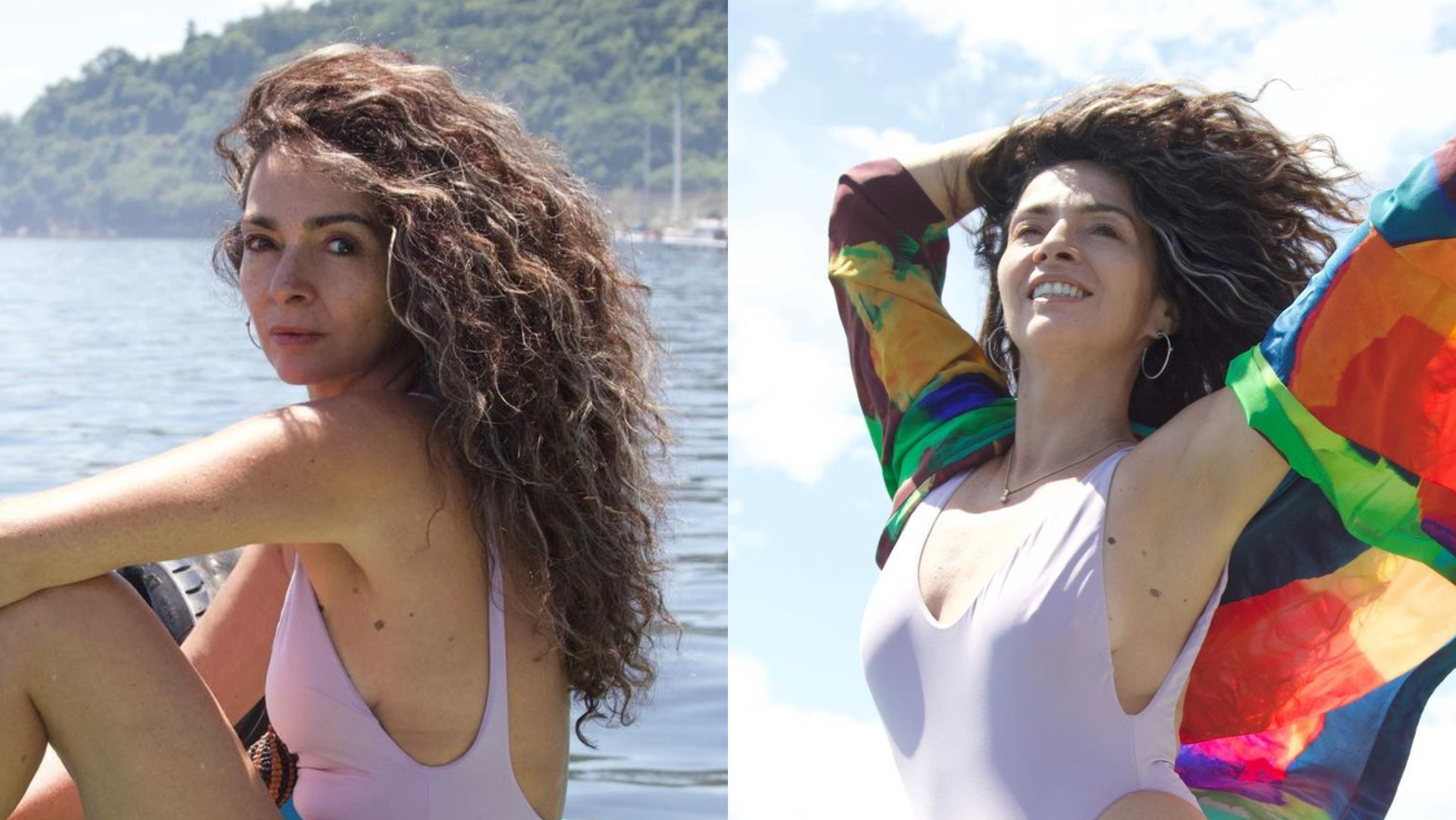 De maiô, Claudia Ohana esbanja beleza ao comemorar chegada dos 60 anos: ”A coroa mais linda”