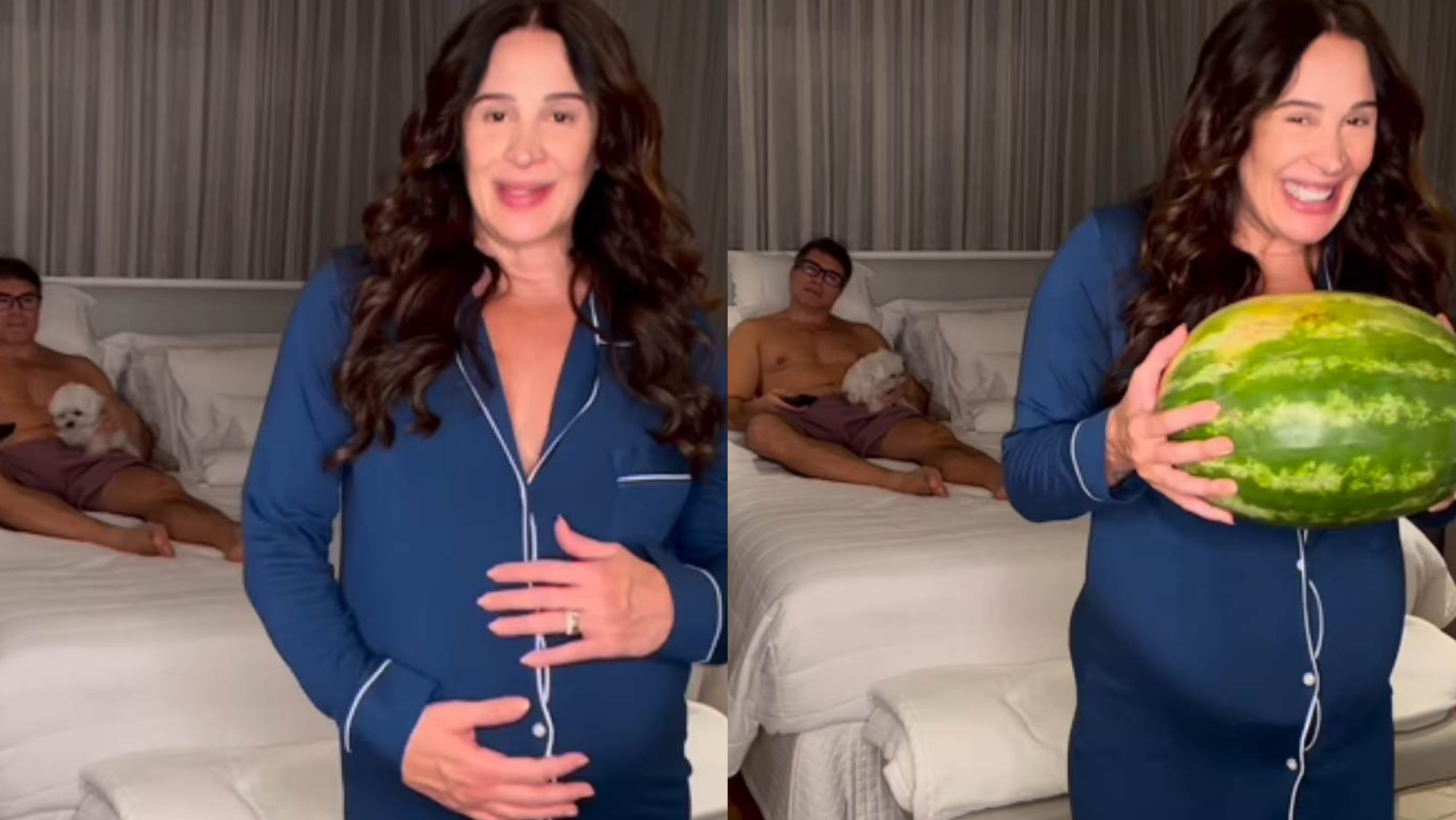 Com um barrigão, Claudia Raia amarra melancia no marido para desafiá-lo: ”Por um dia”