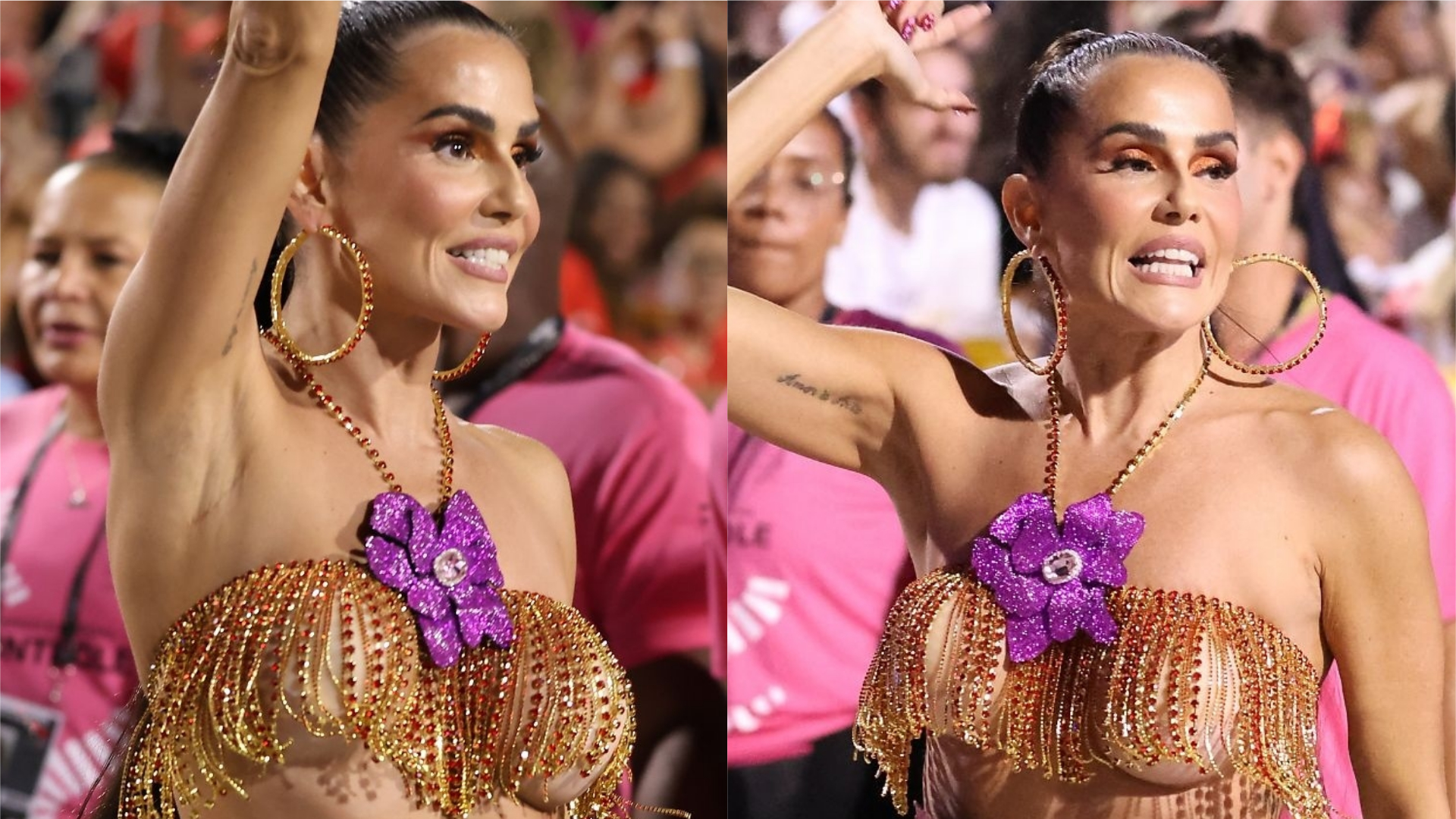 Deborah Secco desfila com top de franjas e calcinha cavada: “Meu Salgueiro”
