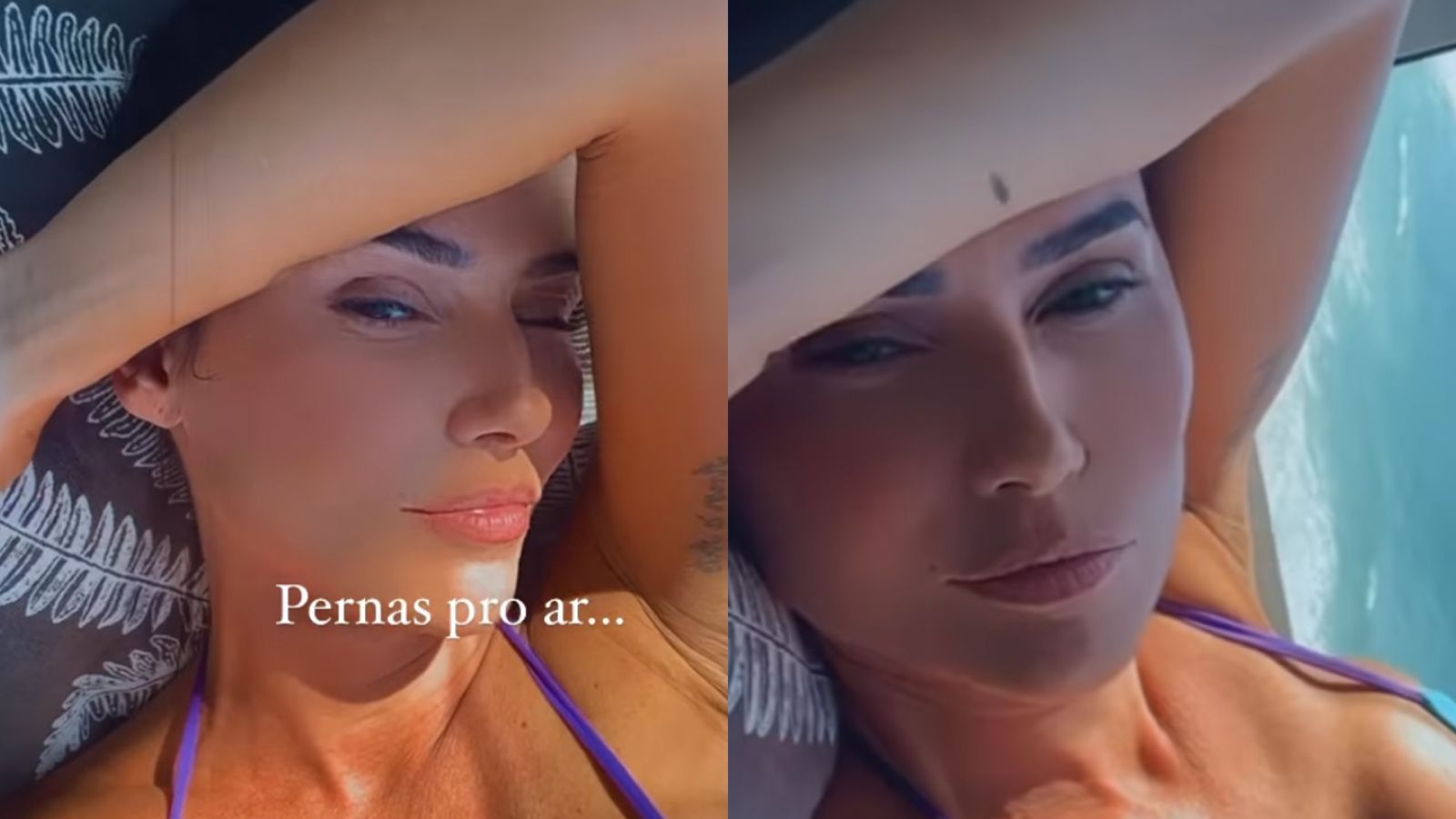 De biquíni fininho, Deborah Secco joga as pernas pro ar e relaxa após folia