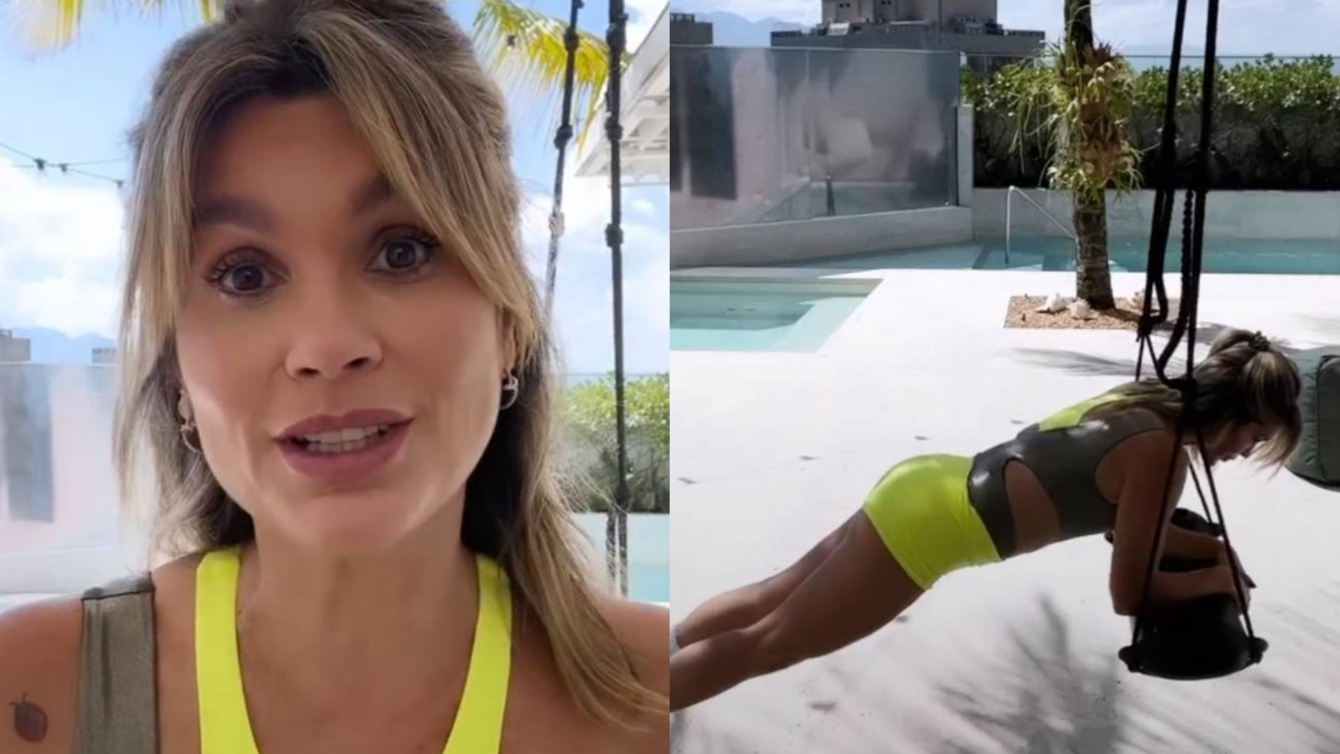 Flávia Alessandra faz treino em balanço de sua cobertura e chama a atenção: ”Que corpão”