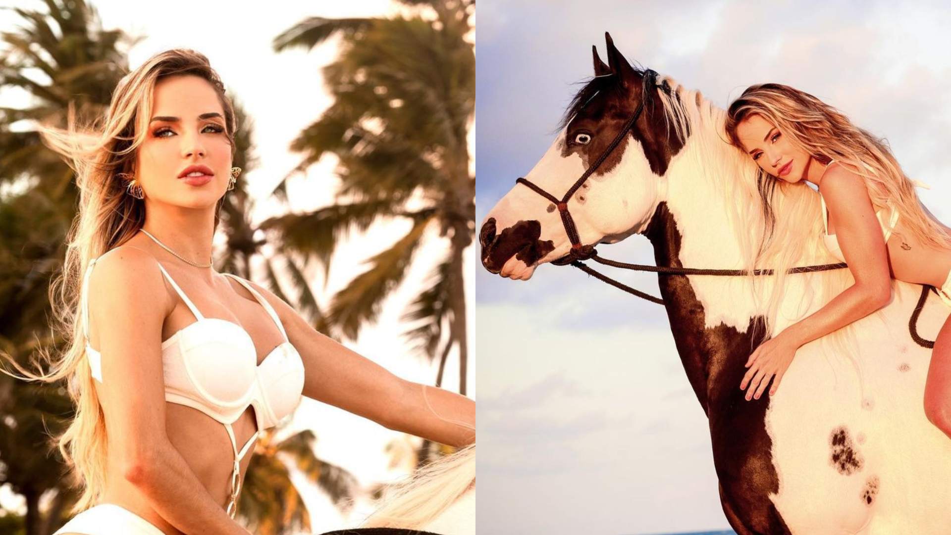 De maiô, Gabi Martins sensualiza em ensaio com cavalo na praia: ”Perfeição de mulher”