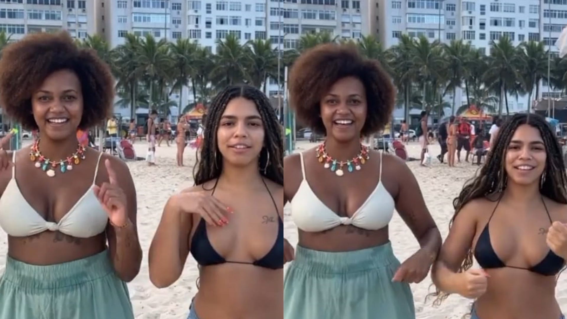 De biquíni, ex-BBBs Maria e Jessilane esbanjam beleza ao surgirem dançando na praia