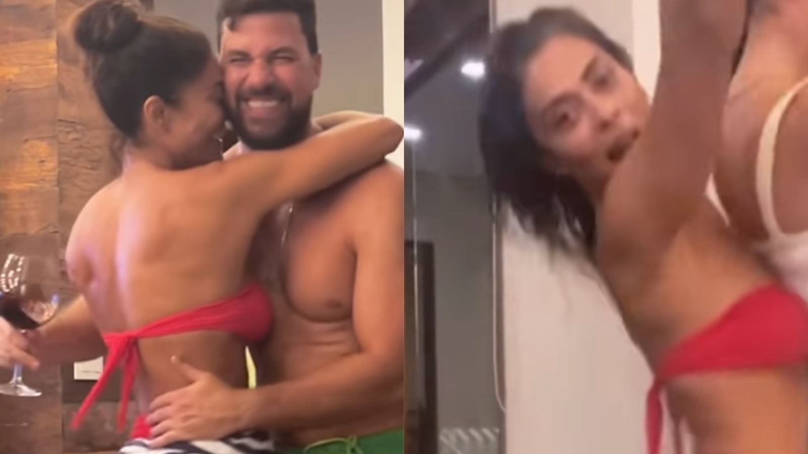 De biquíni, Juliana Paes sensualiza dançando agarradinha com o marido