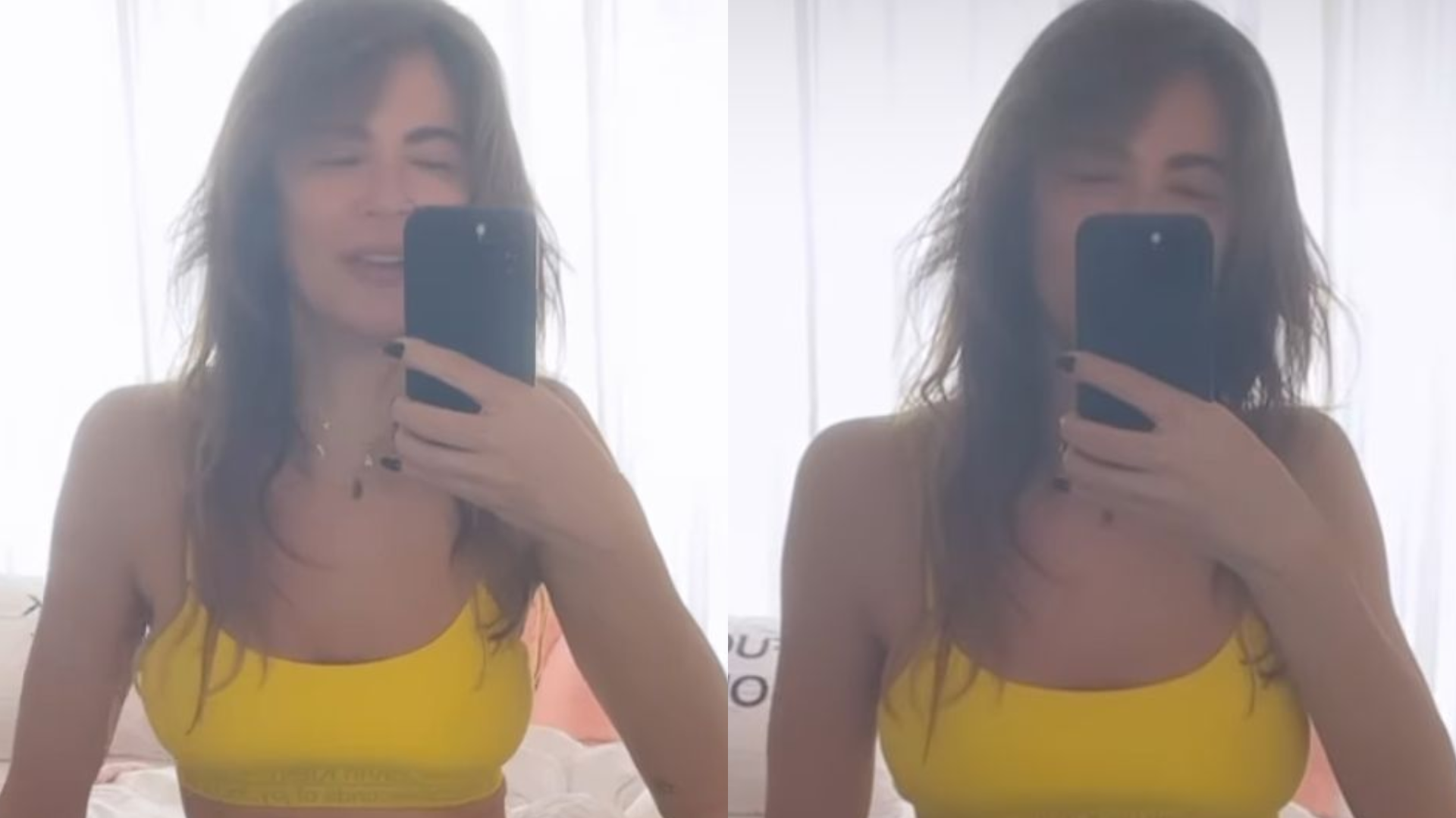 Apoiada em andador, Luciana Gimenez posa com lingerie amarela