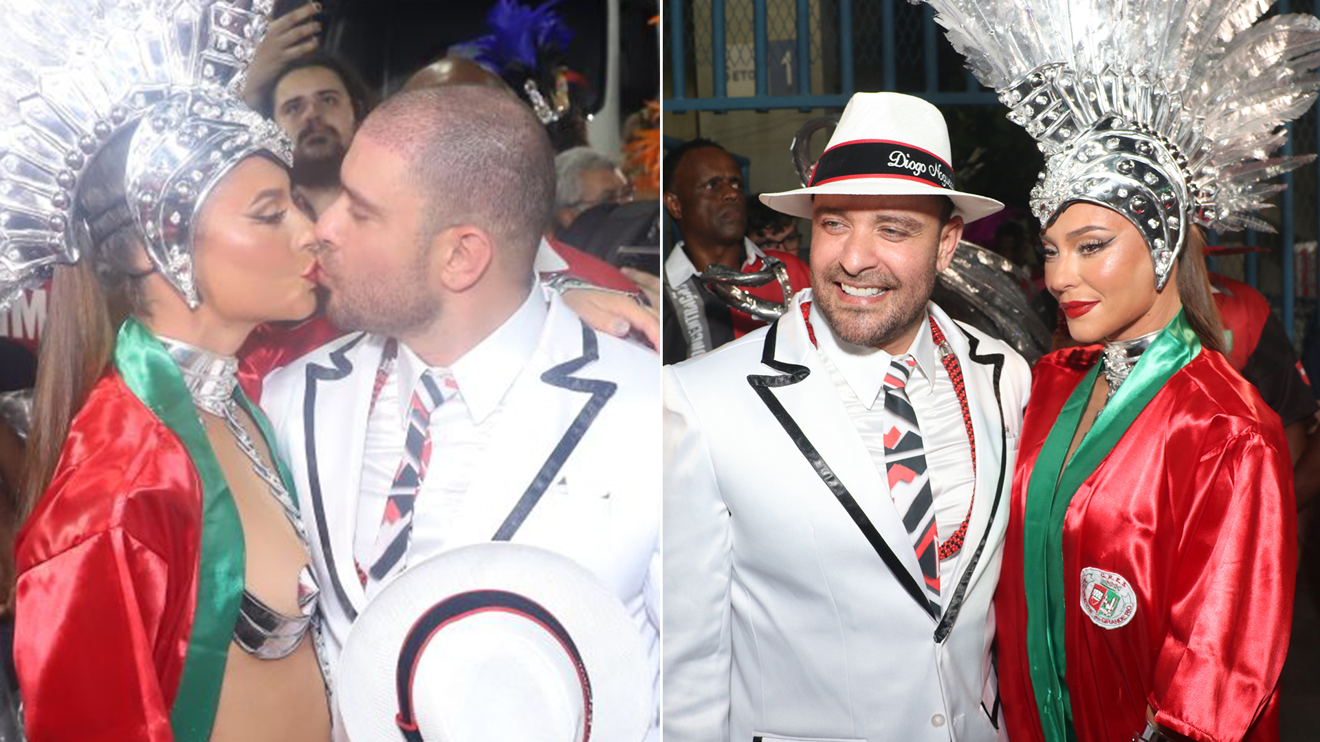 Paolla Oliveira e Diogo Nogueira trocam beijos antes de desfile na Sapucaí