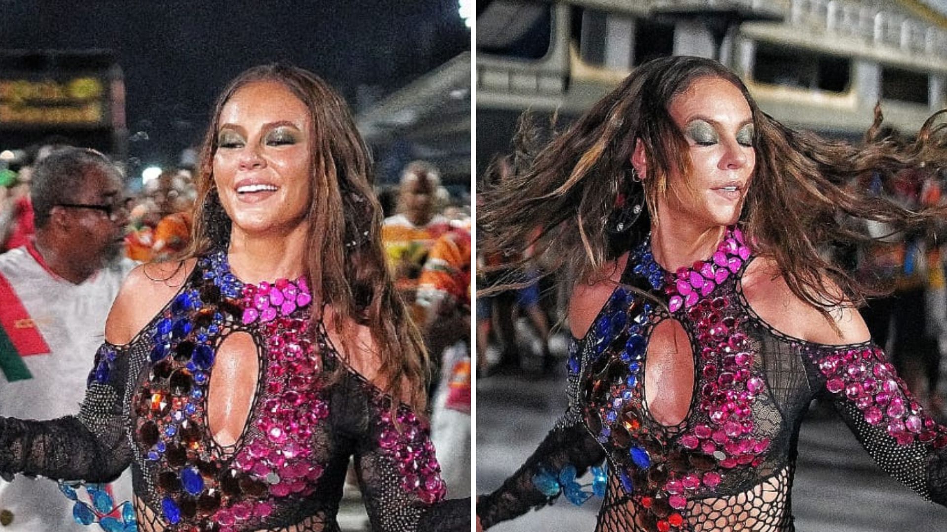 Escapou! Paolla Oliveira cai no samba com maiô cavado e quase mostra demais