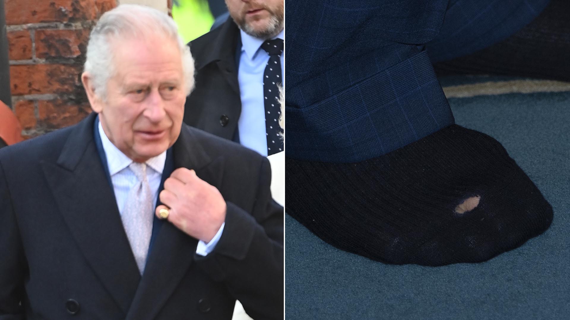 Rei Charles III exibe buraco na meia ao tirar o sapato em evento
