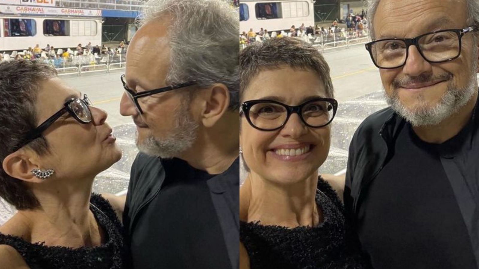 Em rara aparição, Sandra Annenberg e Ernesto Paglia trocam beijos no Carnaval
