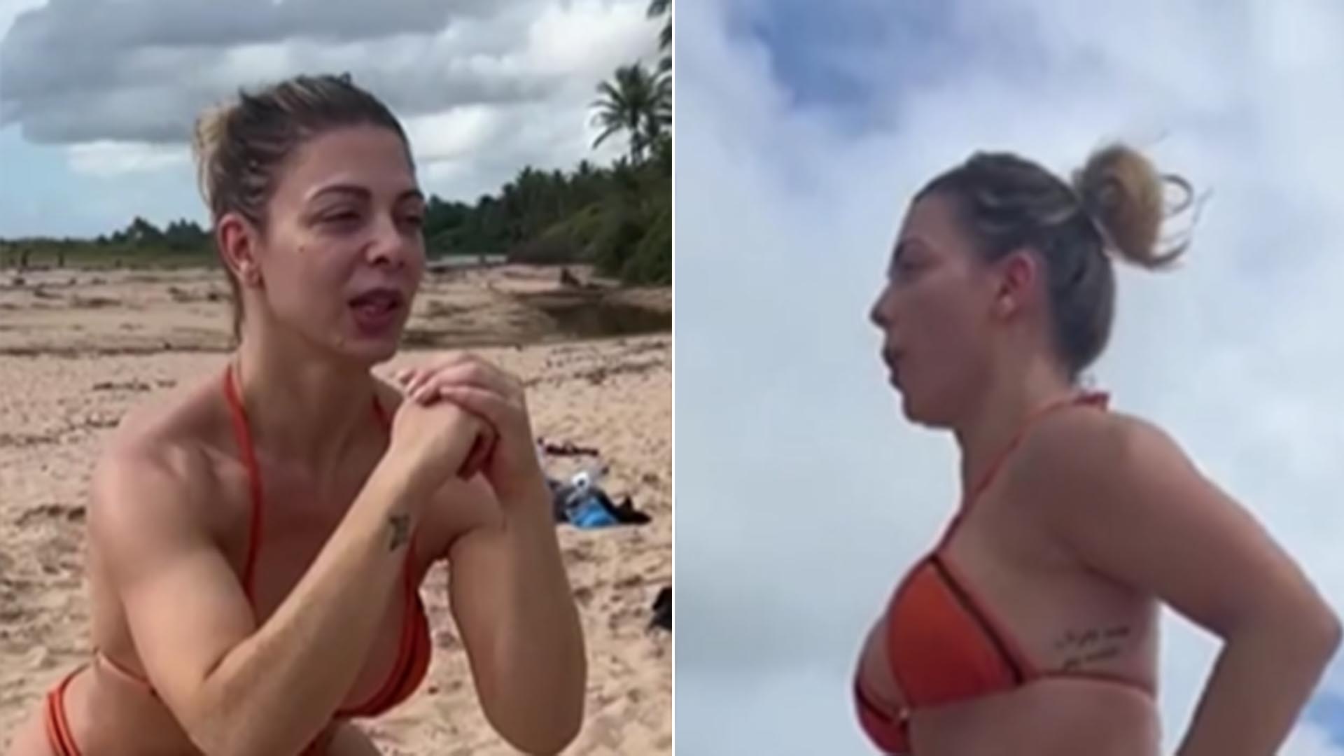 De biquíni fininho, Sheila Mello exibe corpaço sarado ao fazer treino na praia