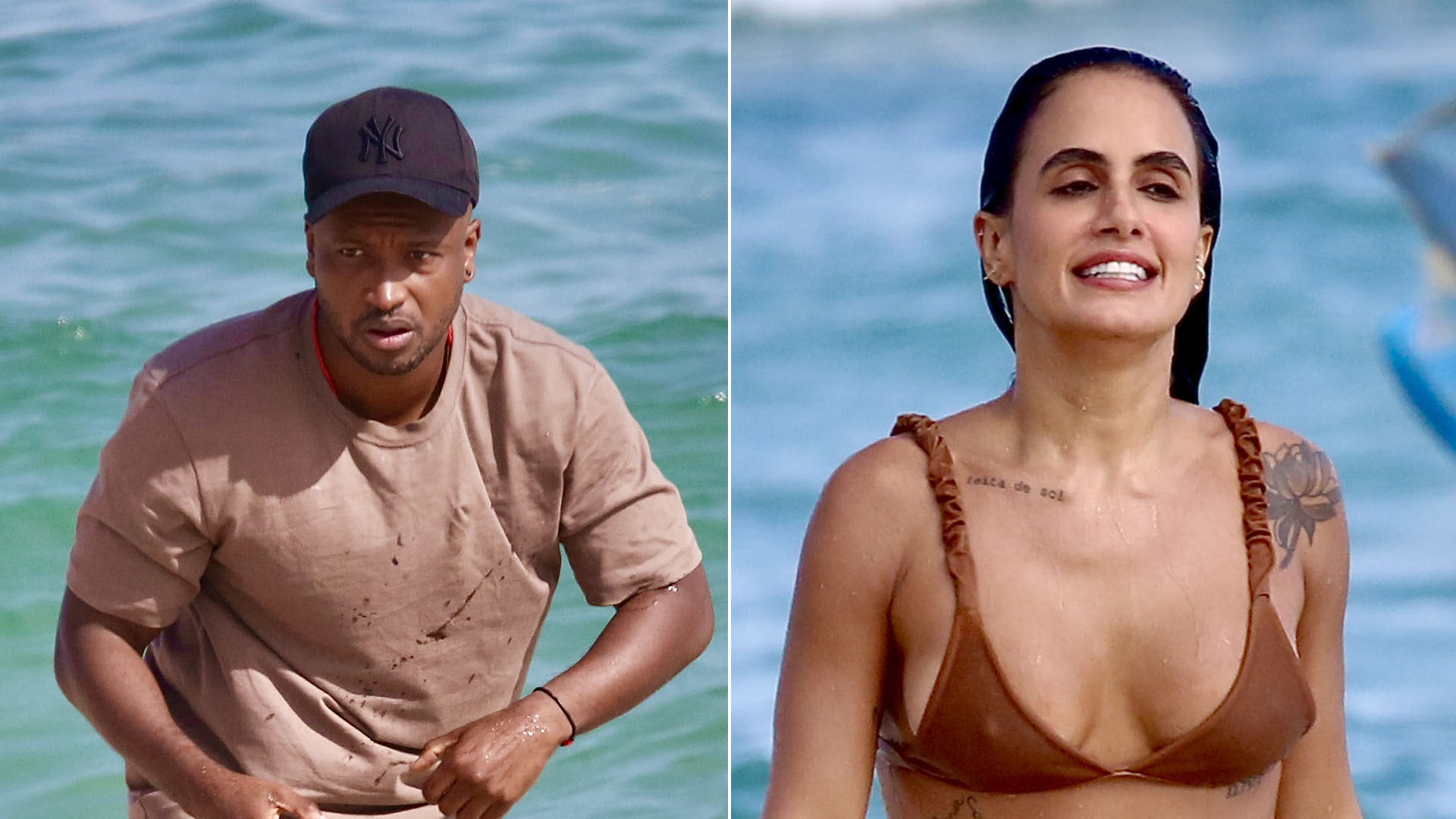 De roupa, Thiaguinho curte dia na praia com a namorada, Carol Peixinho
