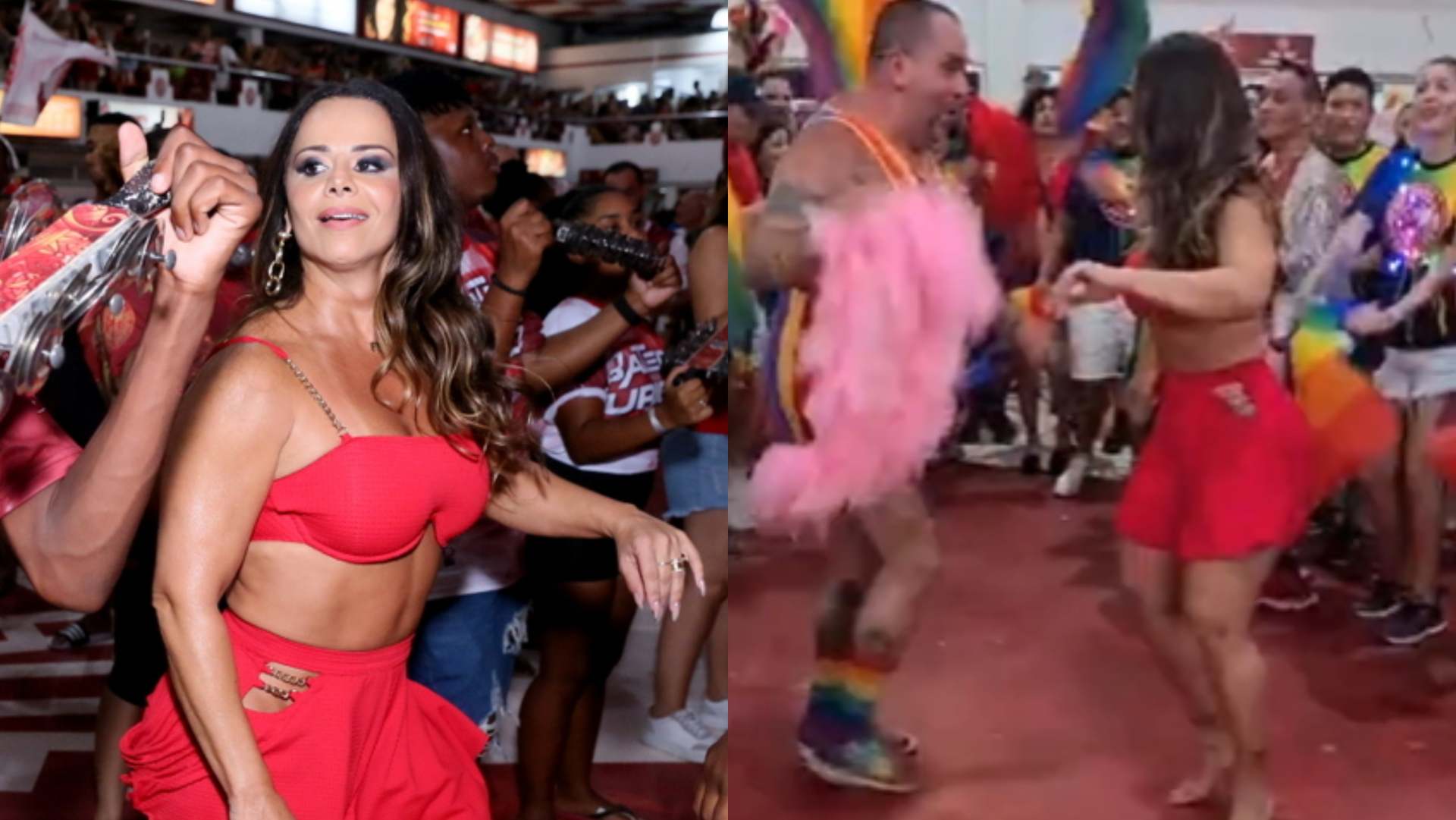 Viviane Araujo samba descalça após sandália arrebentar na quadra do Salgueiro