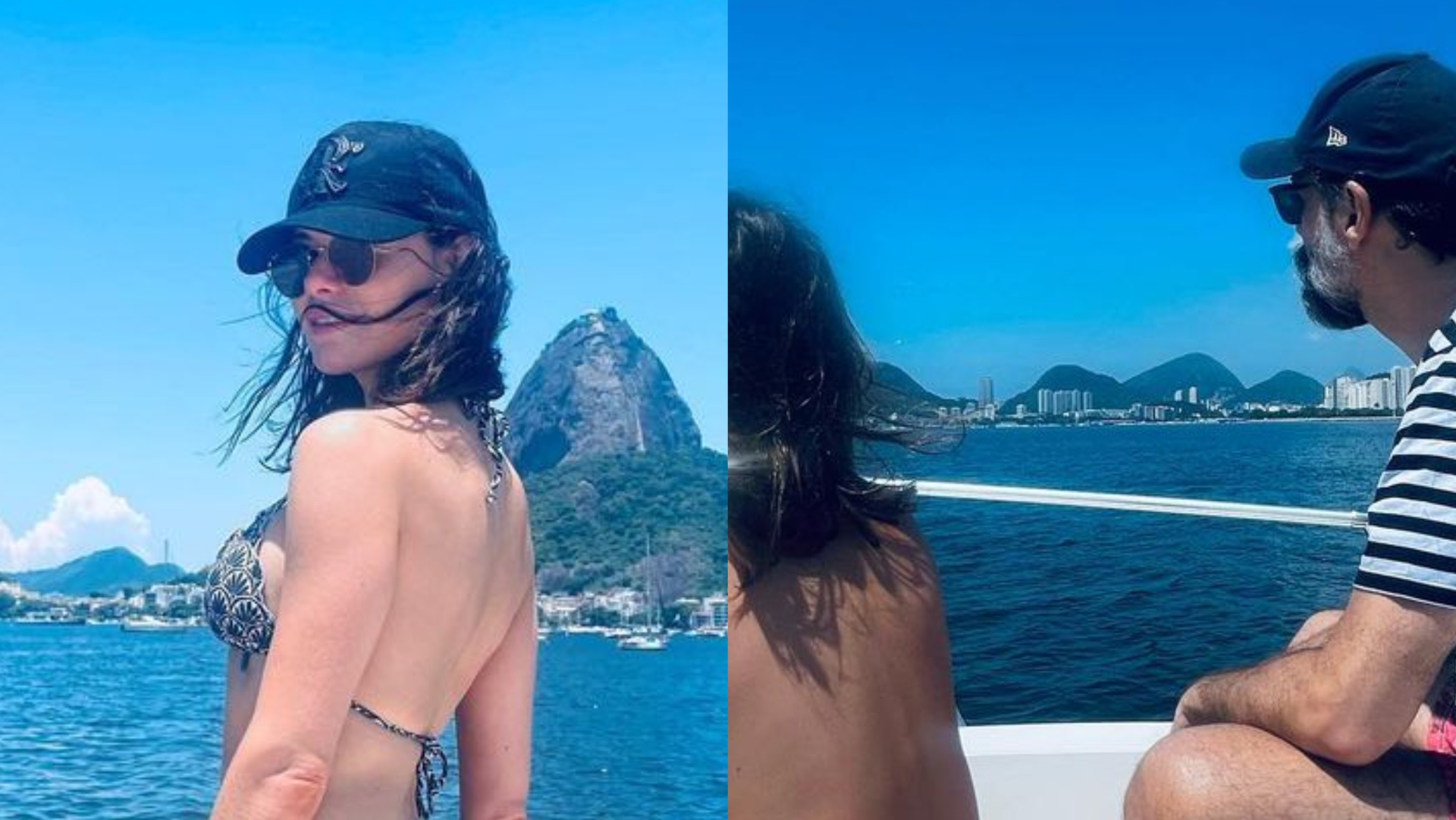 De biquíni, Alinne Moraes surge em fotos raras com o marido e o filho em passeio de barco