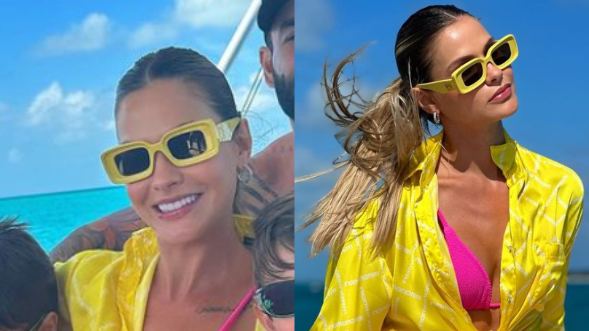 Andressa Suita e Gusttavo Lima posam com os filhos em passeio de barco pelas Bahamas