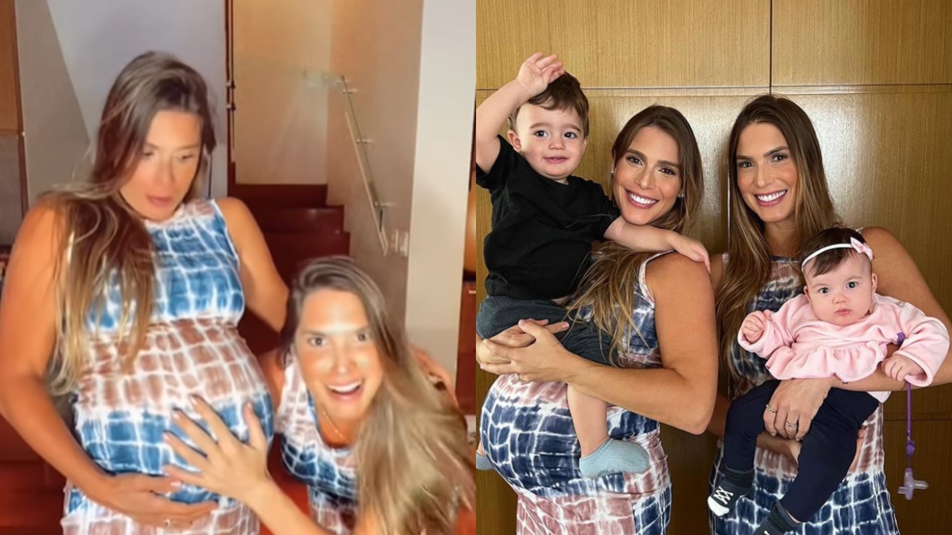 Gravidíssima, Bia Feres dança junto de irmã gêmea, Branca