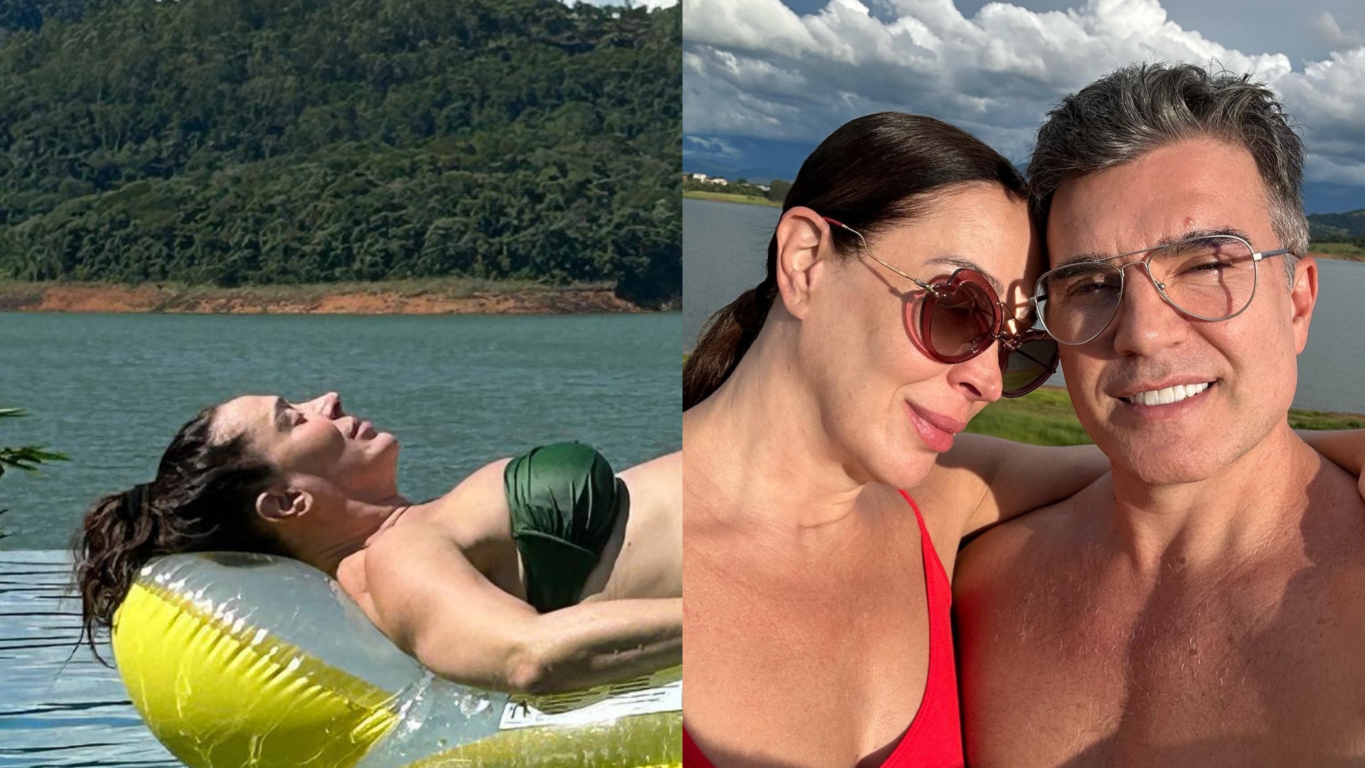 De biquíni, Claudia Raia exibe o barrigão de grávida ao curtir o dia na piscina com o marido