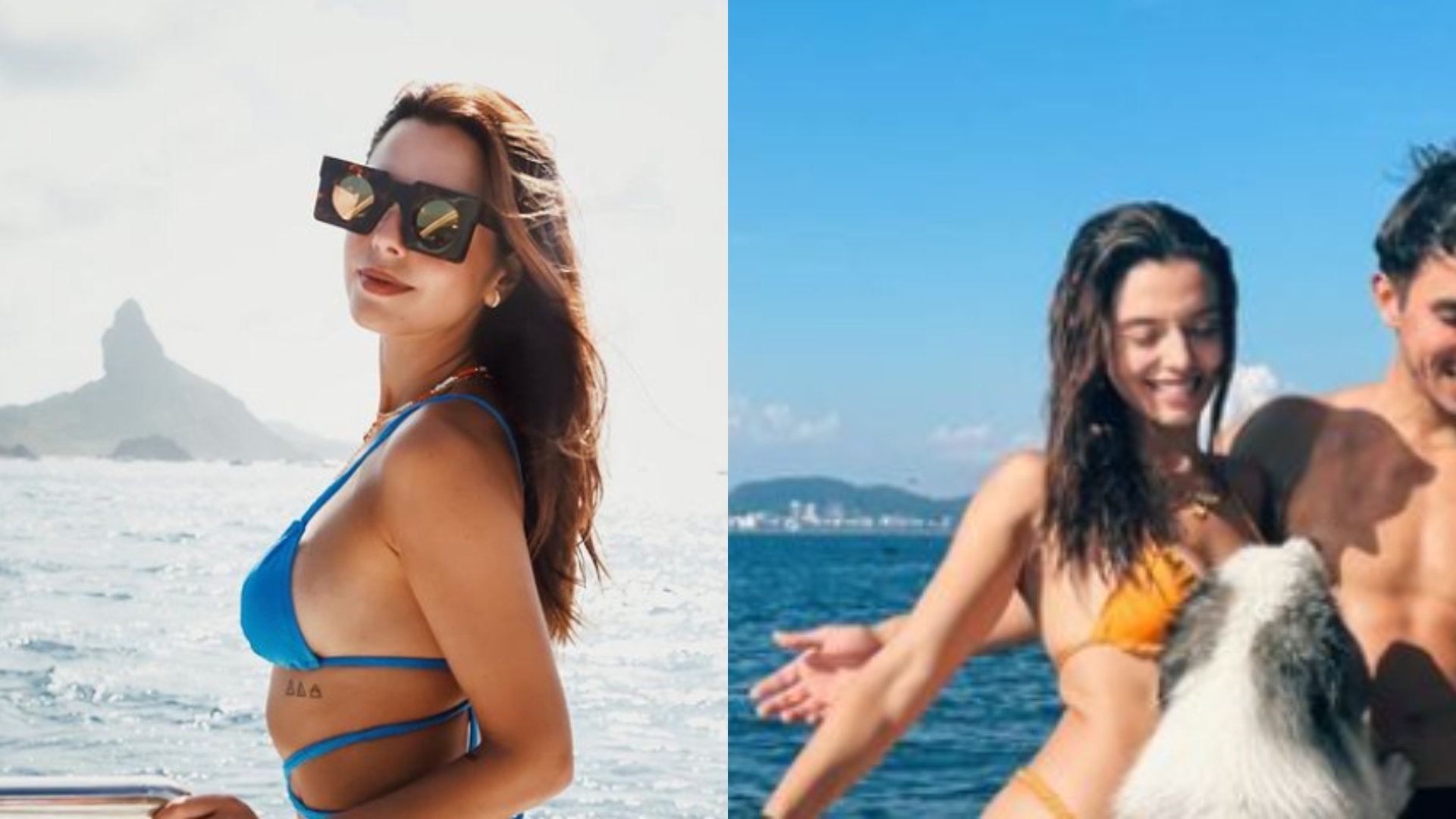 De biquíni, Giovanna Lancellotti curte passeio de barco ao lado do namorado e pets