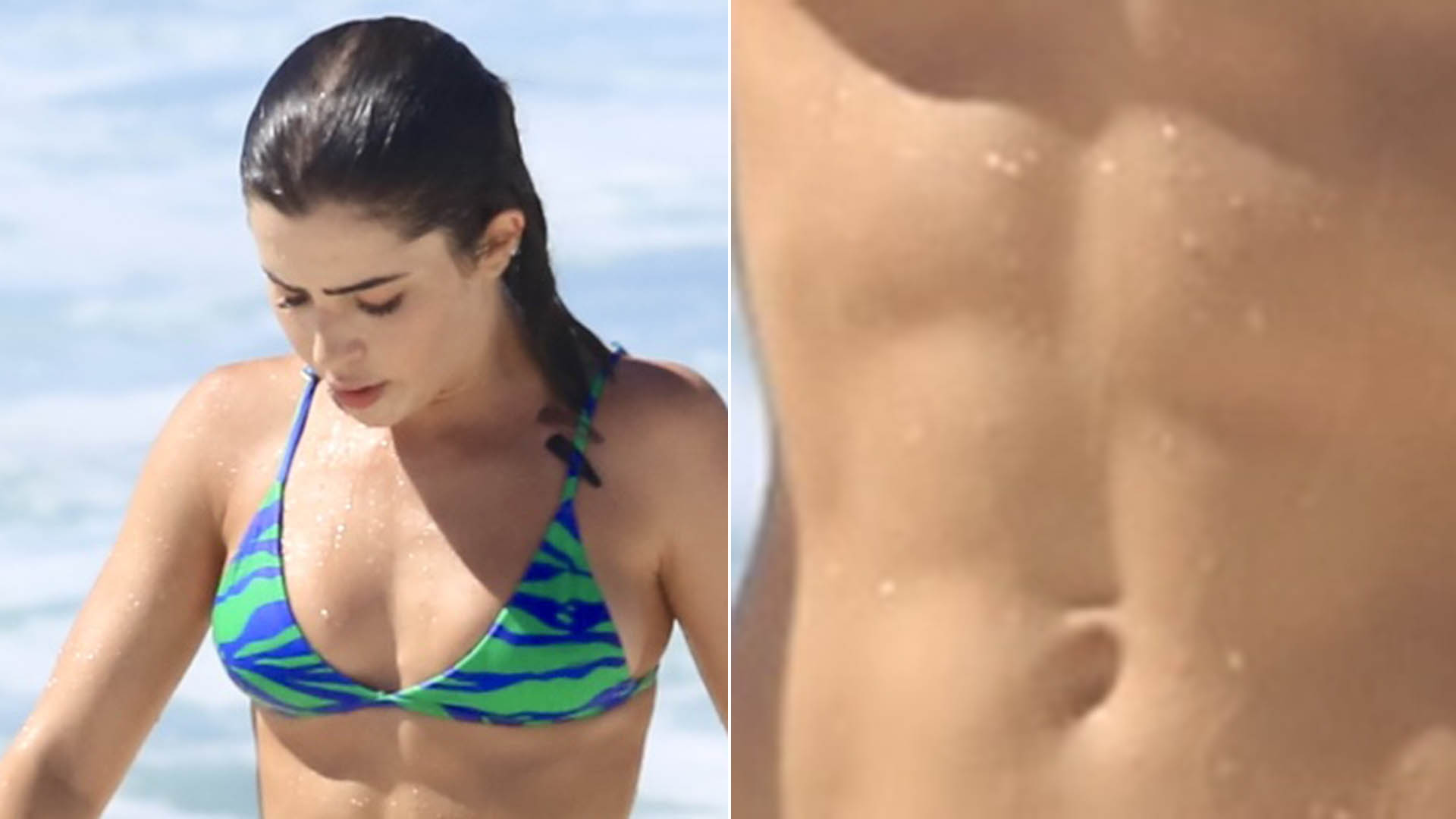 De biquíni fininho, Jade Picon exibe a barriga com gominhos