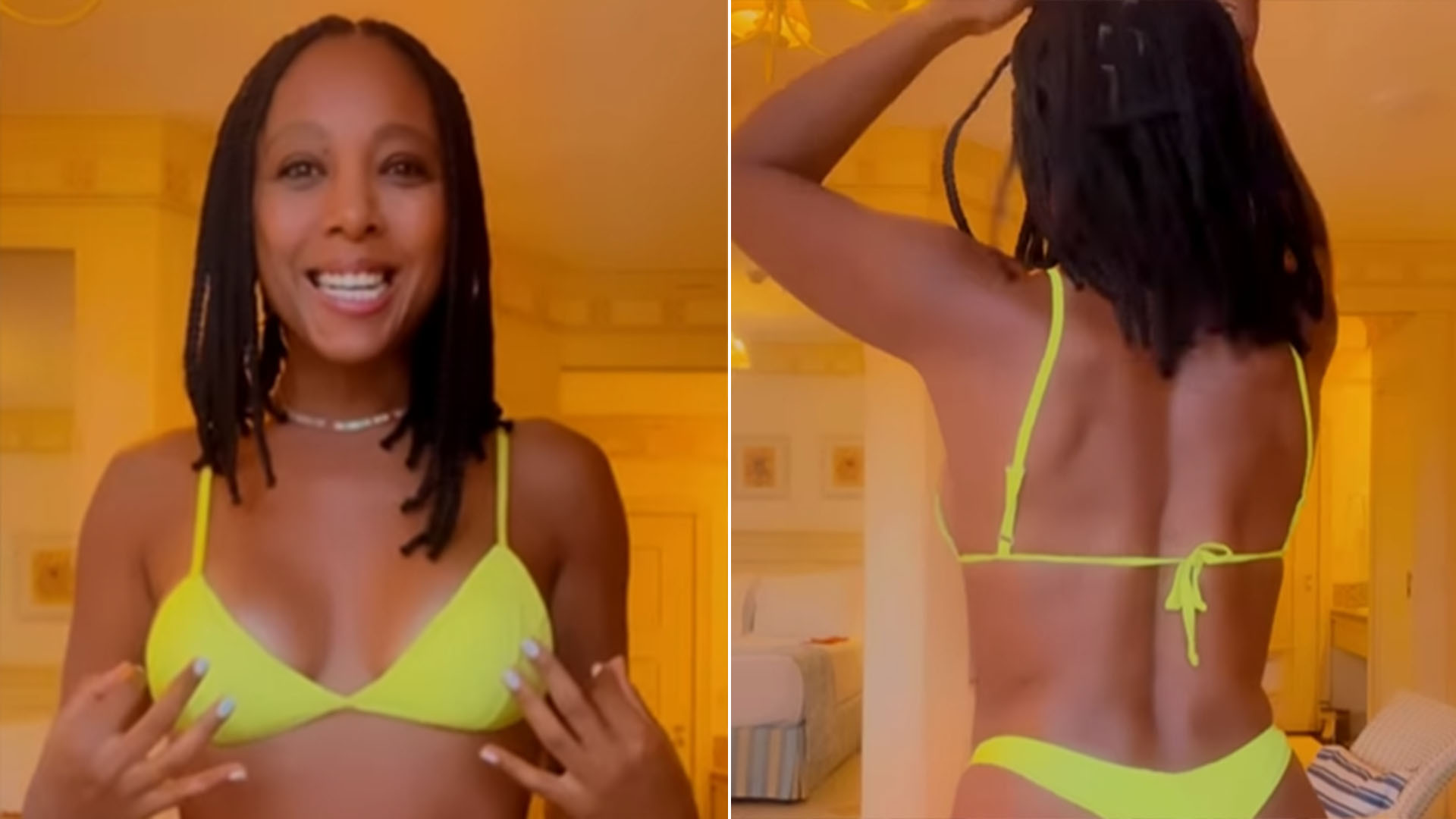 De biquíni neon, Negra Li exibe seu corpão de vários ângulos