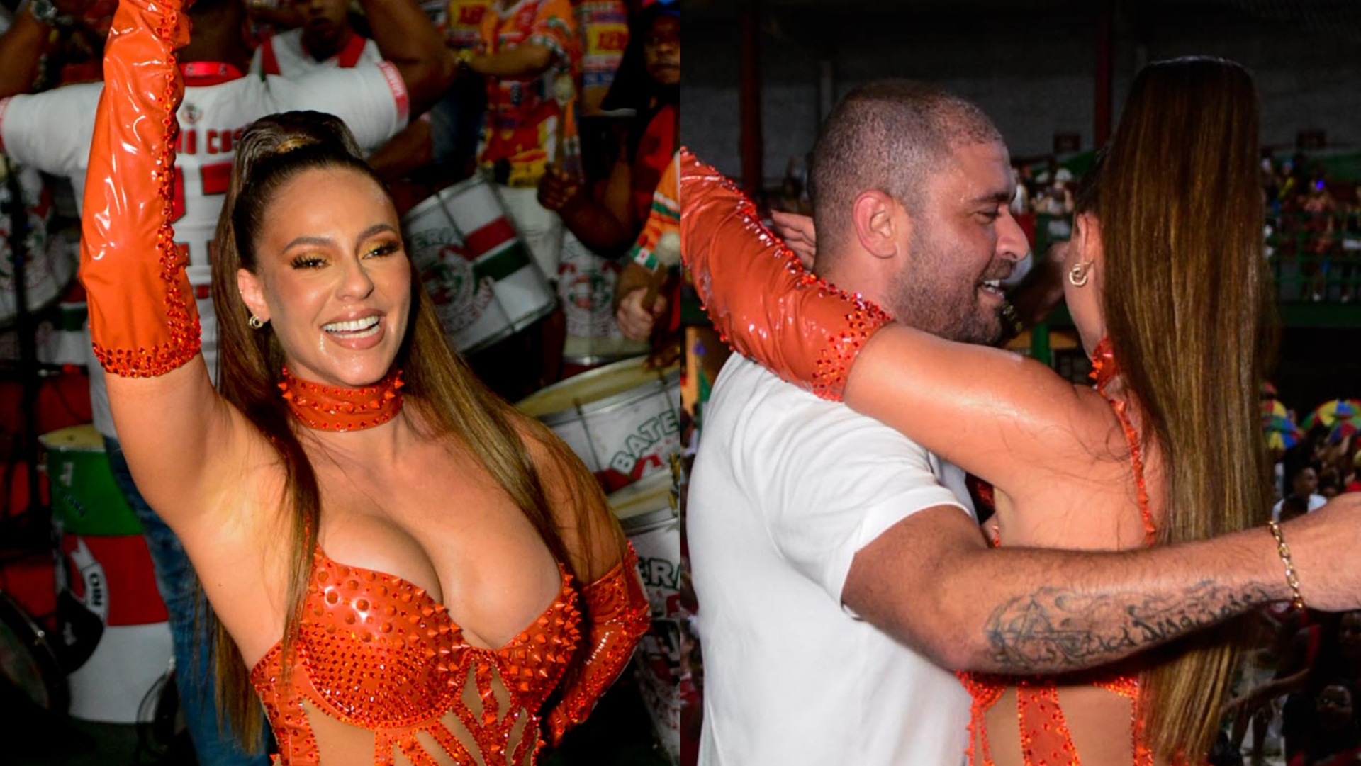 De look justíssimo, Paolla Oliveira ganha carinho de Diogo Nogueira em ensaio da Grande Rio