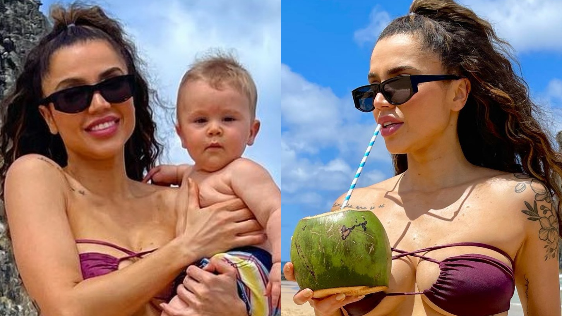 Ex-BBB Paula Amorim esbanja beleza ao surgir de biquíni em passeio com o filho na praia