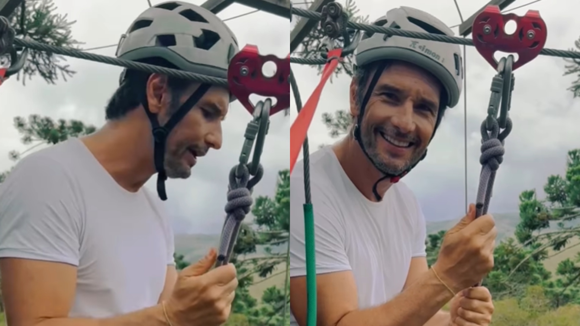 Rodrigo Santoro desce tirolesa de 30 metros durante viagem por Campos do Jordão