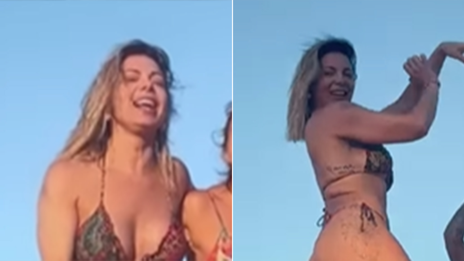 De biquíni fininho, Sheila Mello rebola na praia com as amigas