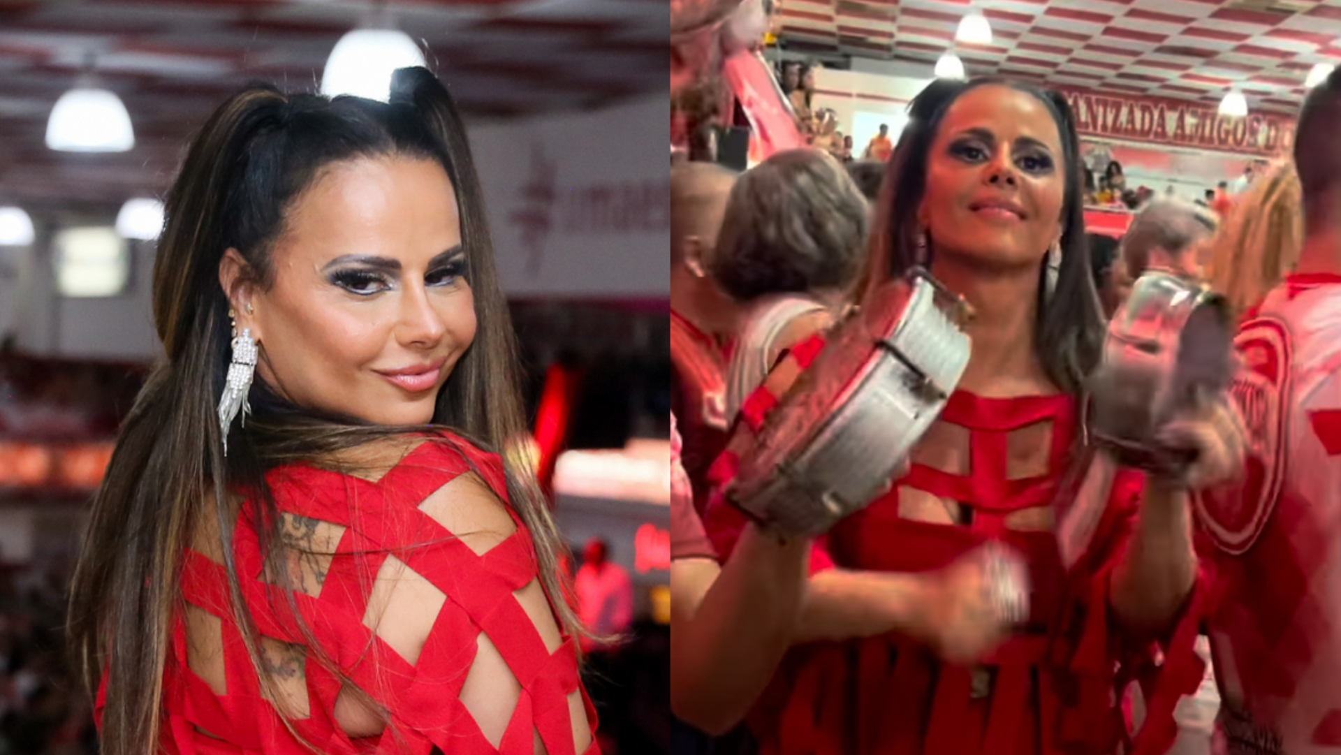 Viviane Araujo curte samba e arrasa no tamborim em ensaio do Salgueiro