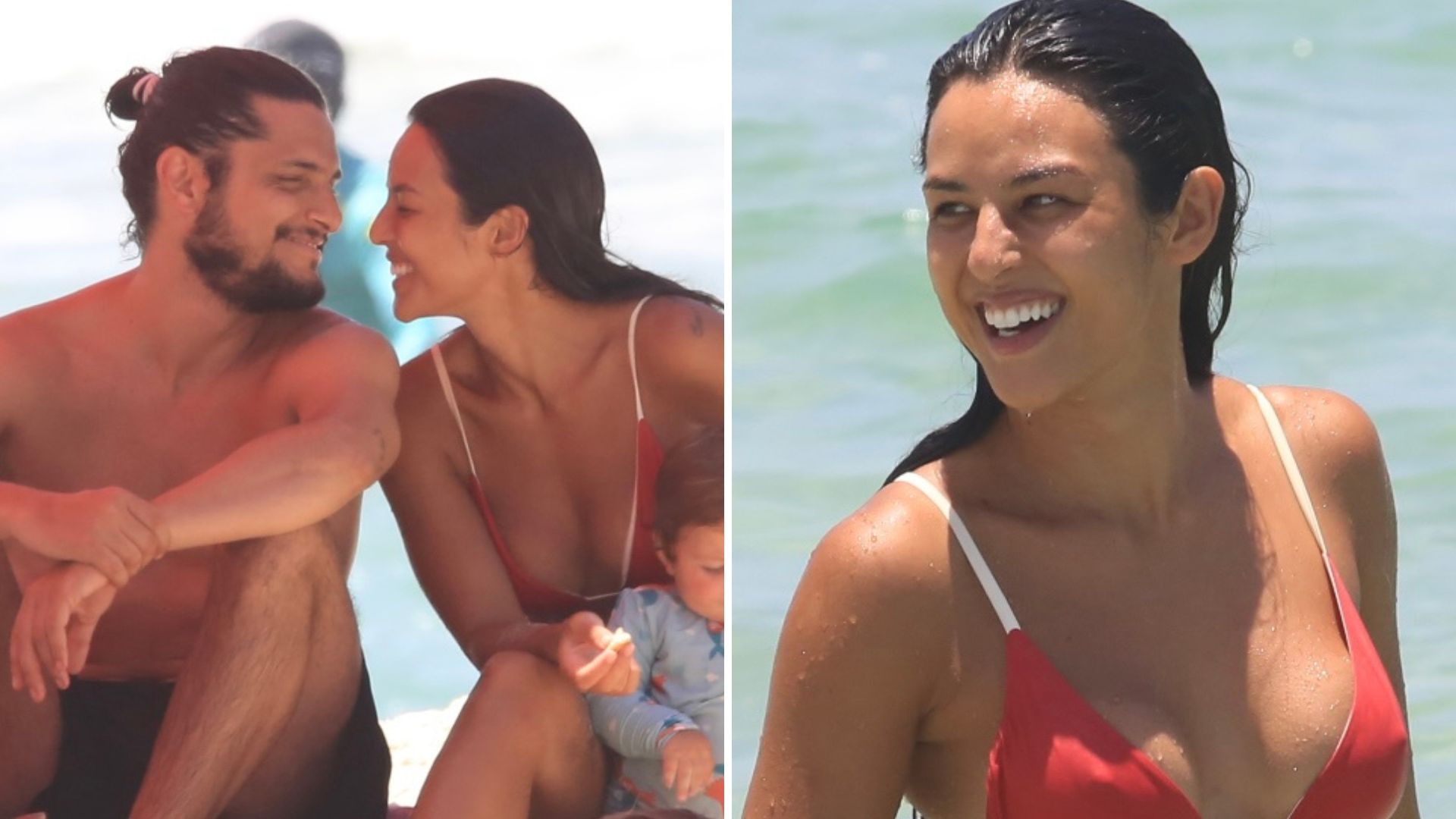 Espetáculo! Yanna Lavigne se joga no mar de fio-dental e troca beijos com Bruno Gissoni