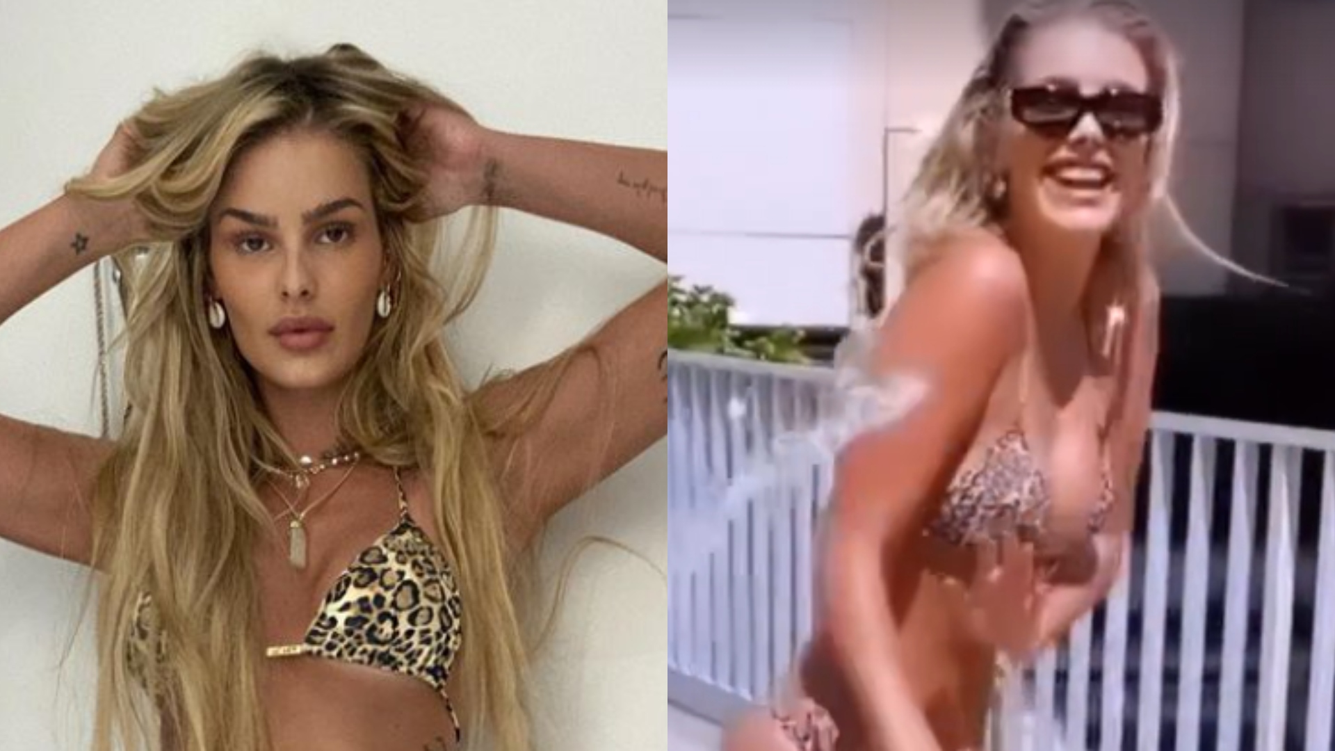 De biquíni fio-dental, Yasmin Brunet deixa seguidores babando ao aparecer tomando sol e banho de mangueira